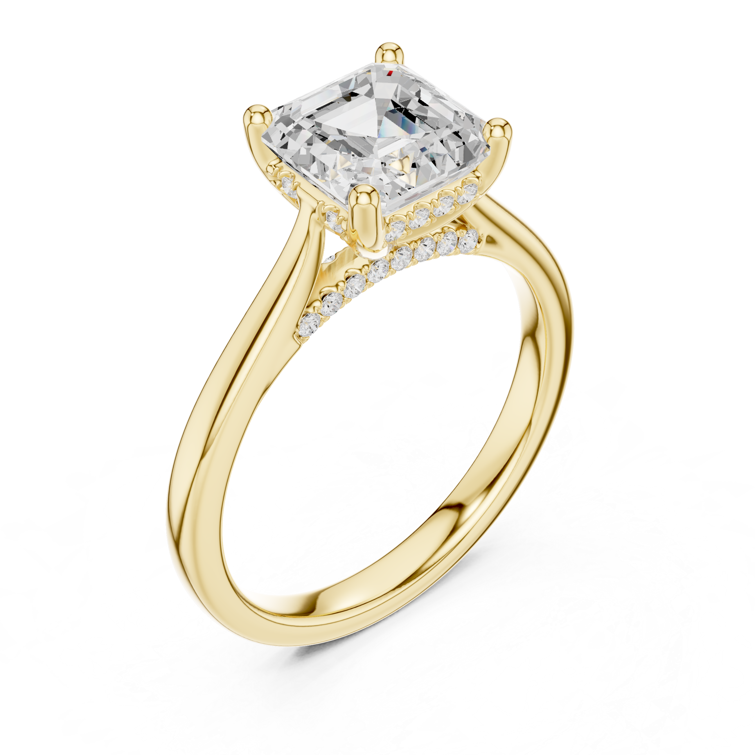 Asscher Cut Hidden Halo Diamond Engagement Ring with Pavé Bridge