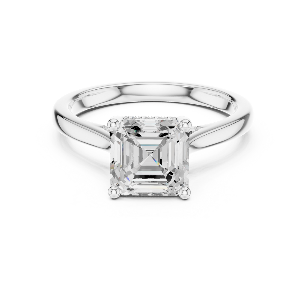 Asscher Cut Hidden Halo Diamond Engagement Ring with Pavé Bridge