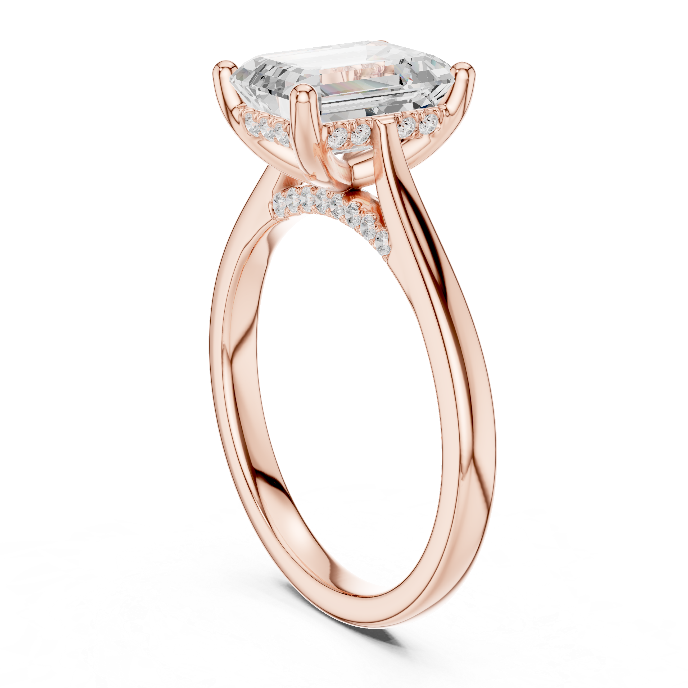 Emerald Cut Hidden Halo Diamond Engagement Ring with Pavé Bridge