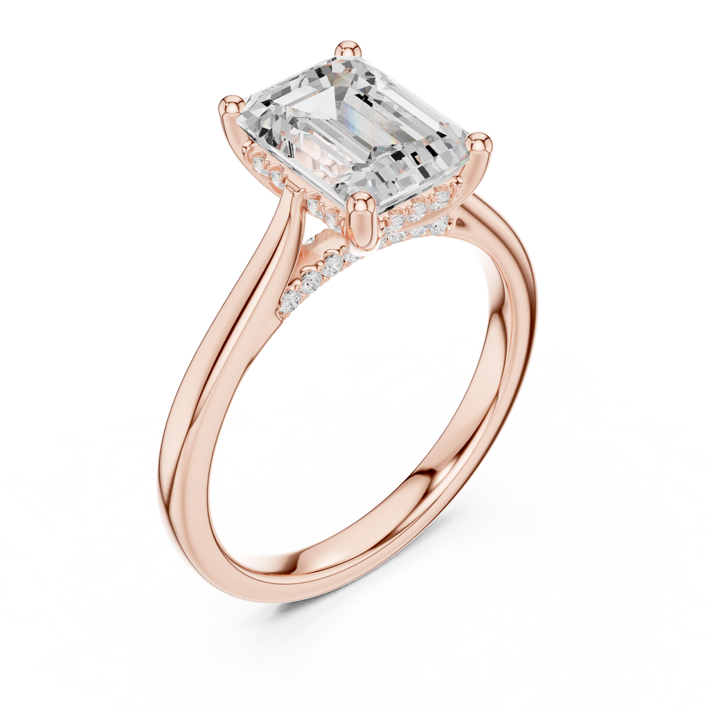 Emerald Cut Hidden Halo Diamond Engagement Ring with Pavé Bridge