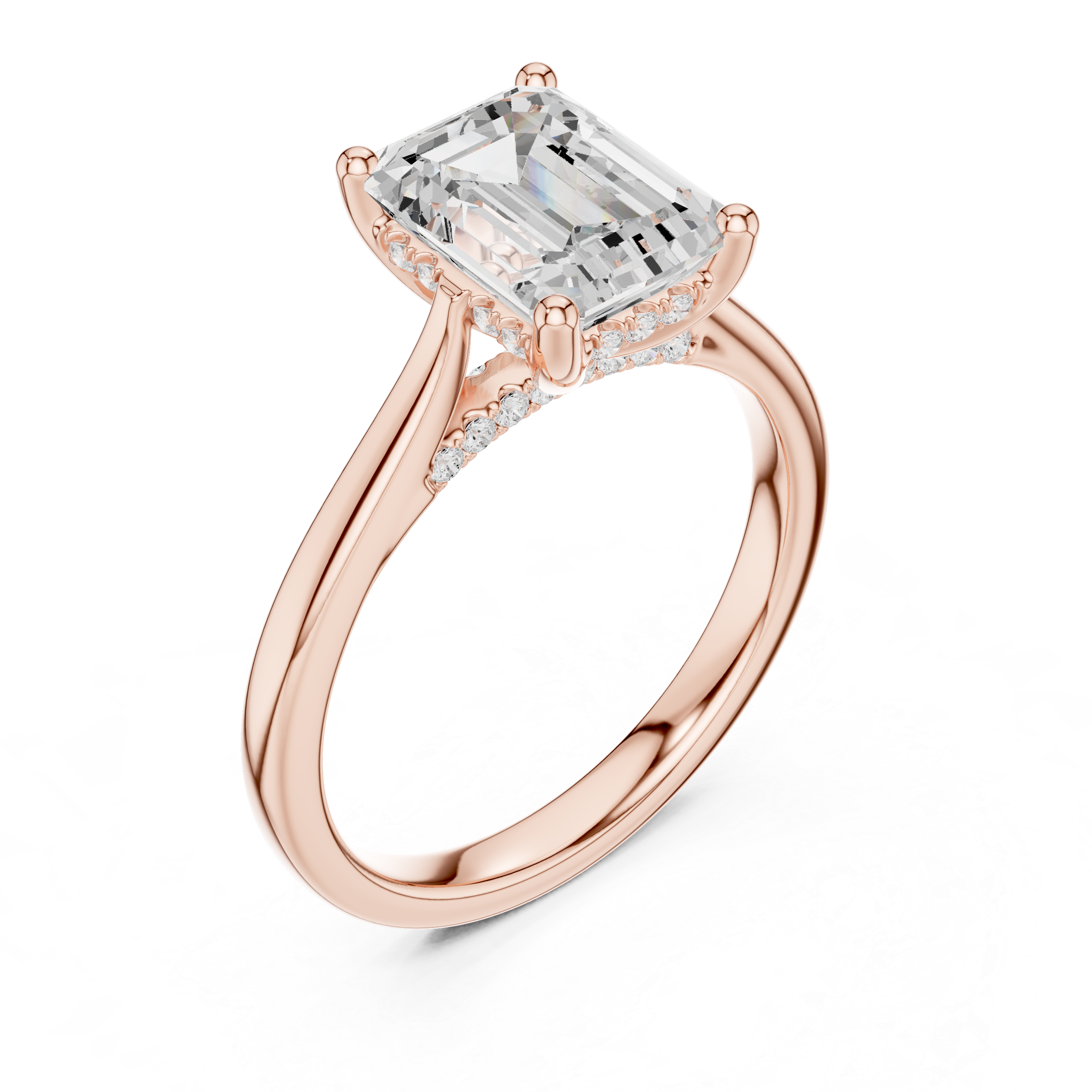 Emerald Cut Hidden Halo Diamond Engagement Ring with Pavé Bridge