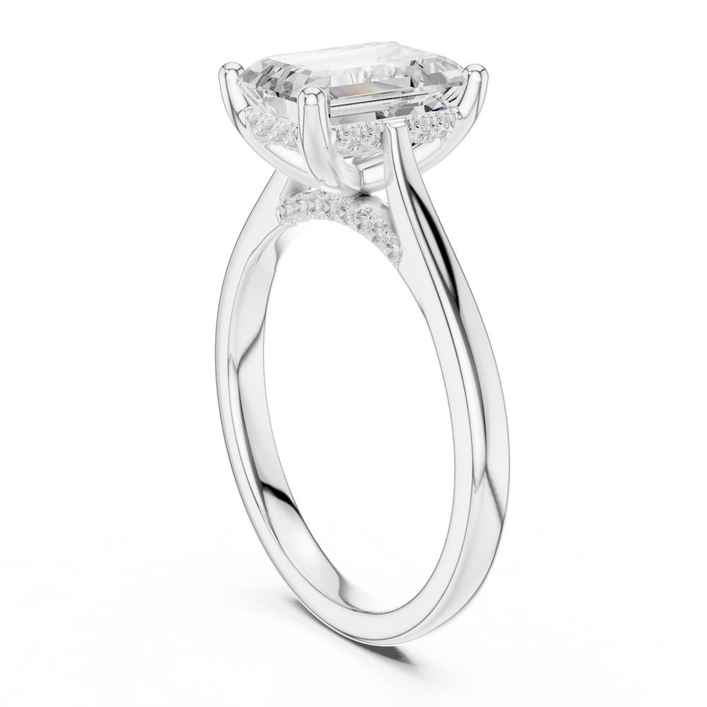 Emerald Cut Hidden Halo Diamond Engagement Ring with Pavé Bridge