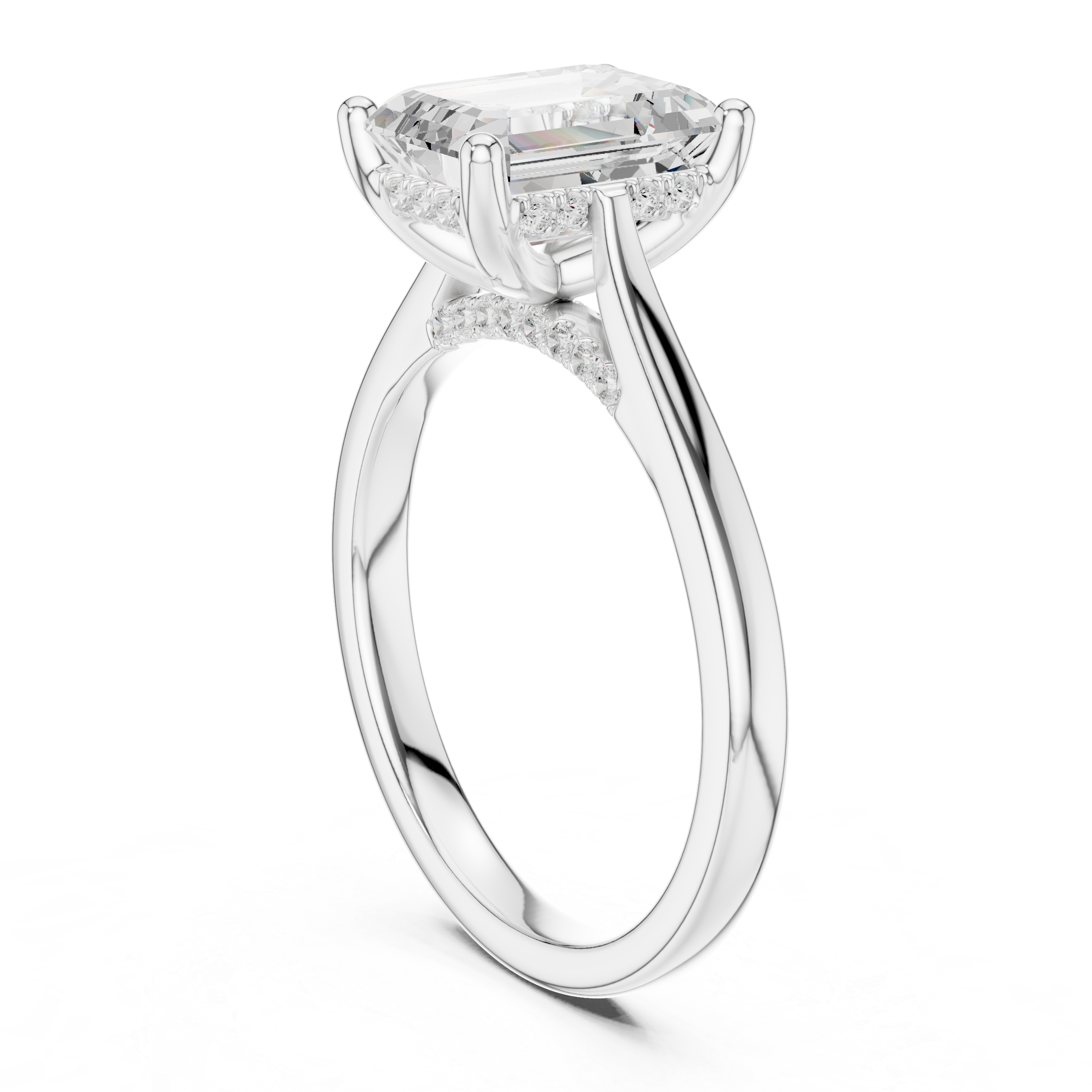 Emerald Cut Hidden Halo Diamond Engagement Ring with Pavé Bridge