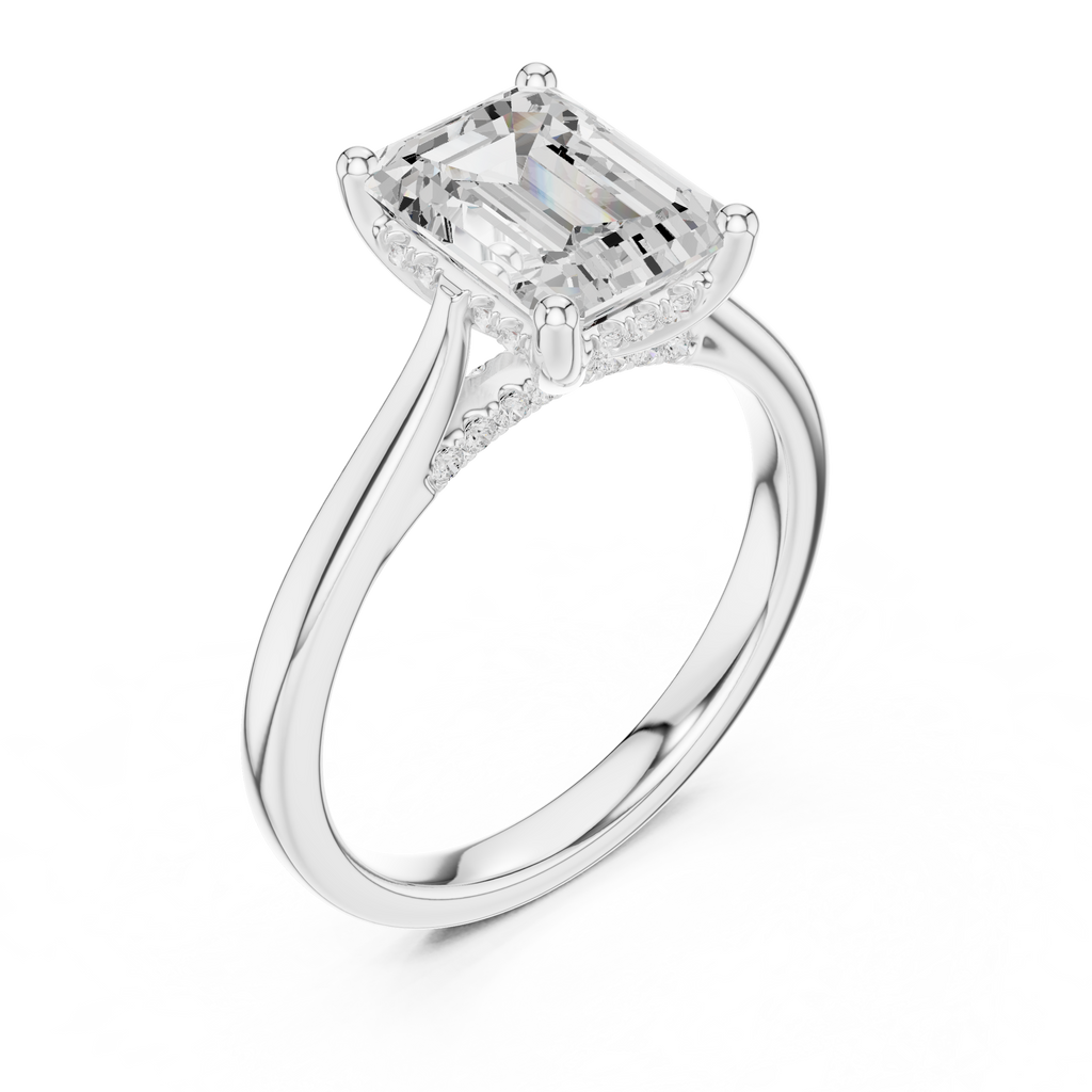 Emerald Cut Hidden Halo Diamond Engagement Ring with Pavé Bridge