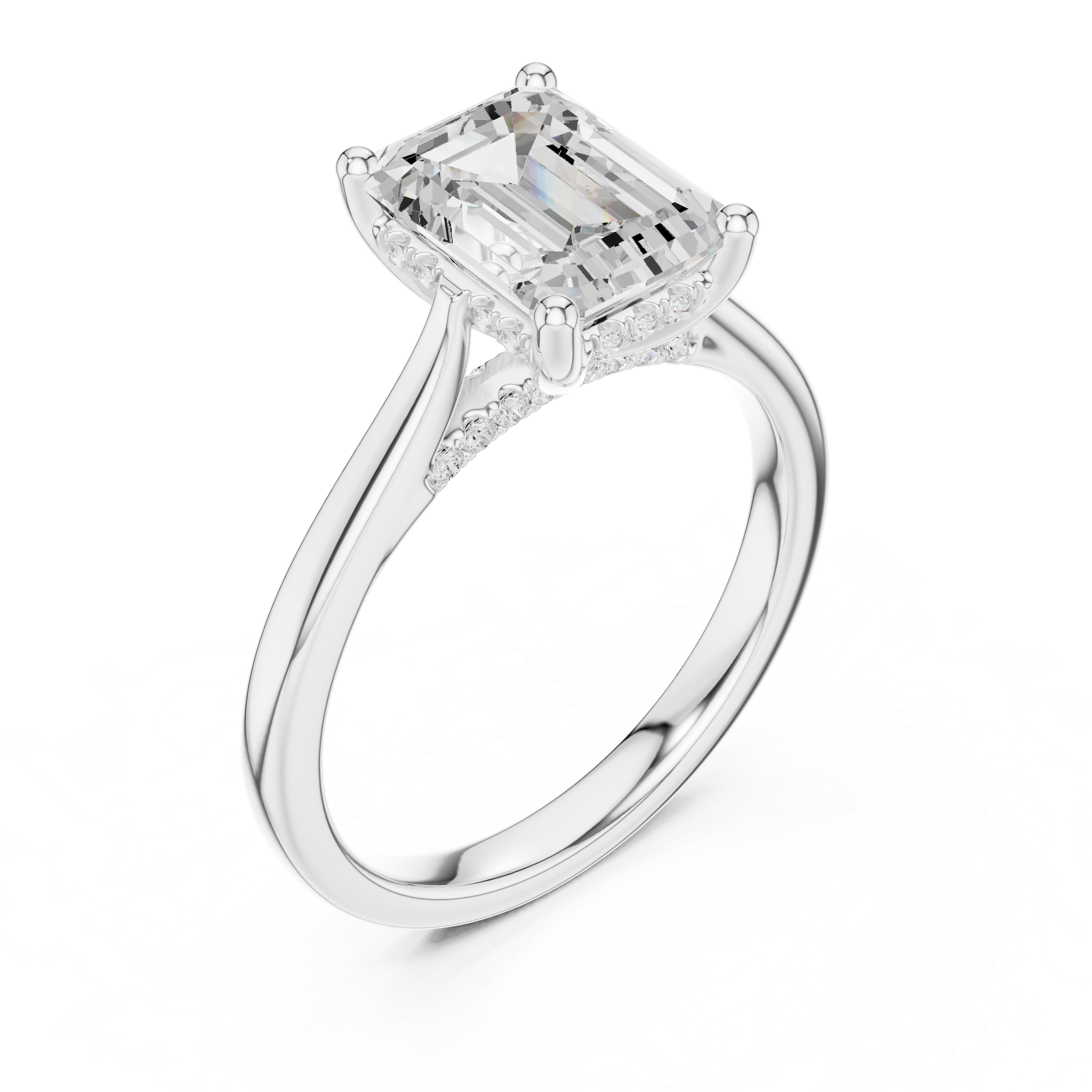Emerald Cut Hidden Halo Diamond Engagement Ring with Pavé Bridge