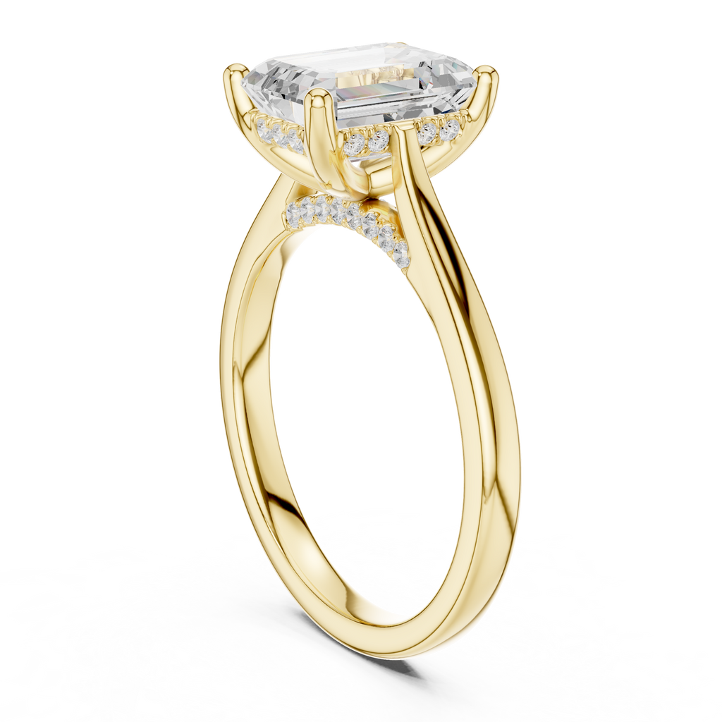 Emerald Cut Hidden Halo Diamond Engagement Ring with Pavé Bridge