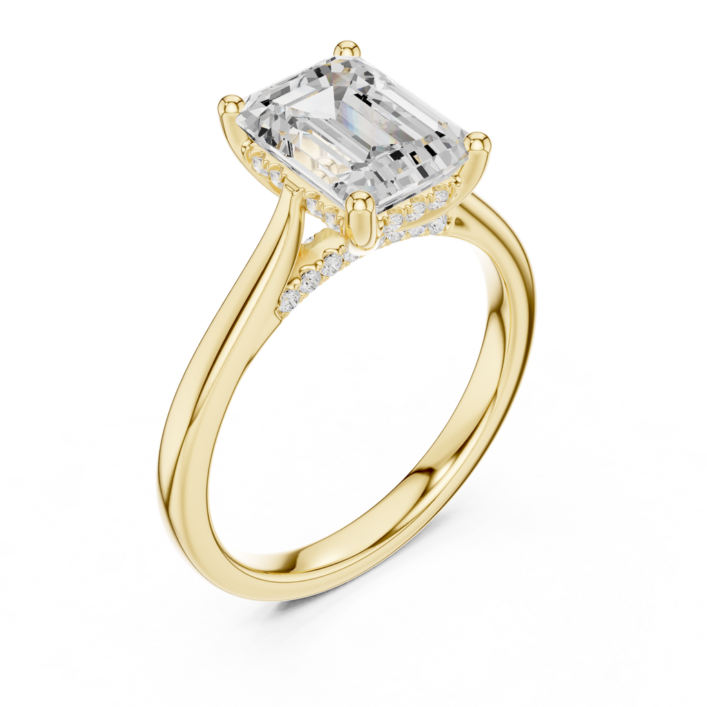 Emerald Cut Hidden Halo Diamond Engagement Ring with Pavé Bridge