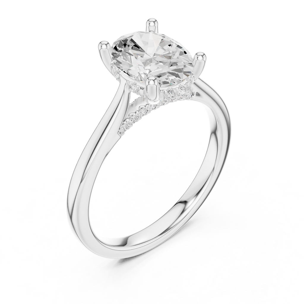 Oval Cut Hidden Halo Diamond Engagement Ring with Pavé Bridge