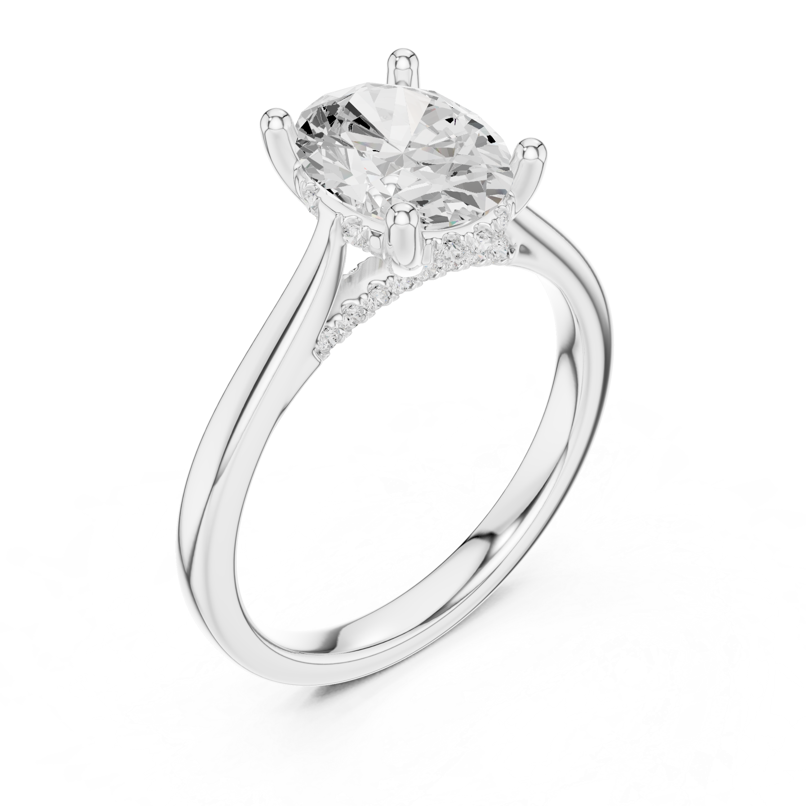 Oval Cut Hidden Halo Diamond Engagement Ring with Pavé Bridge
