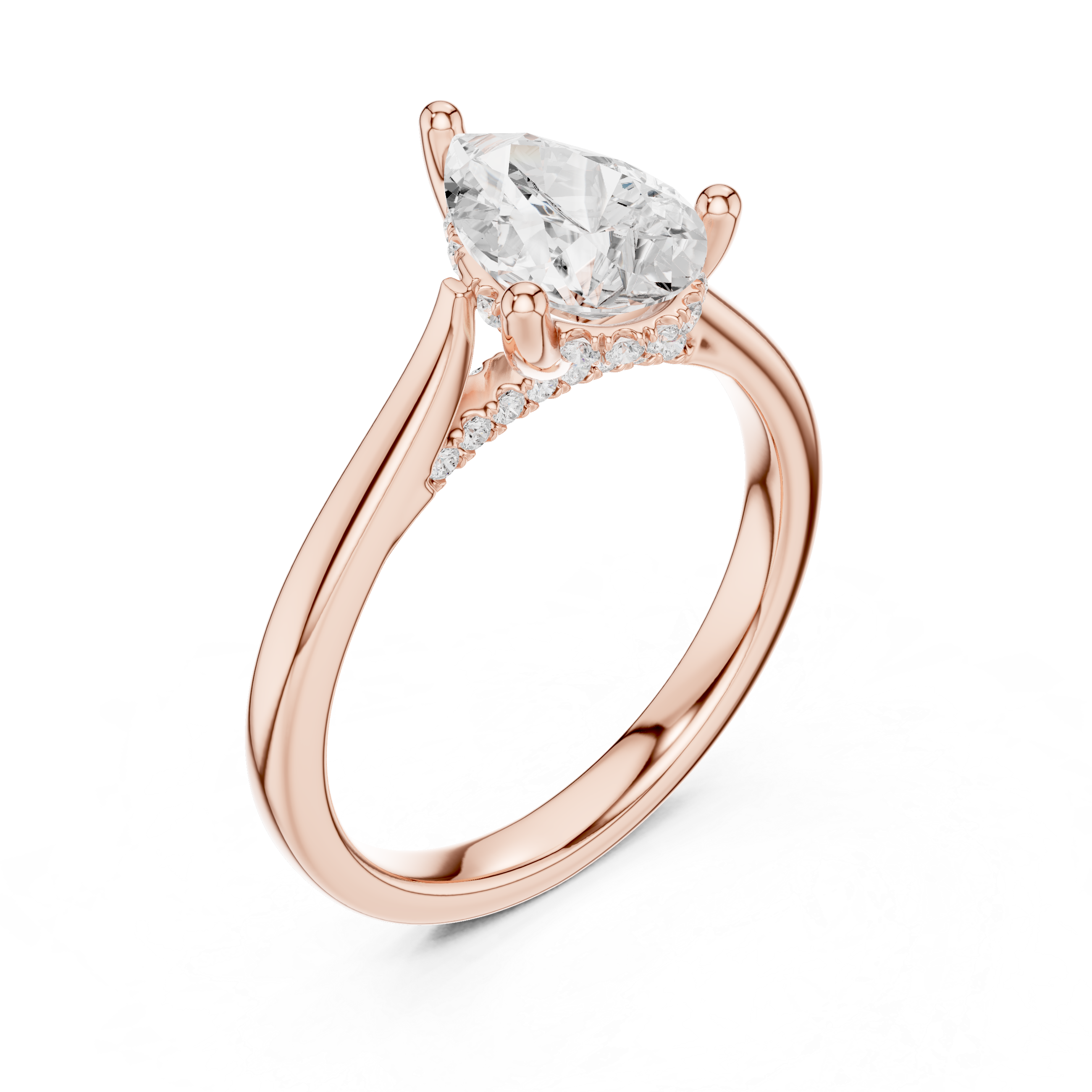 Pear Cut Hidden Halo Diamond Engagement Ring with Pavé Bridge