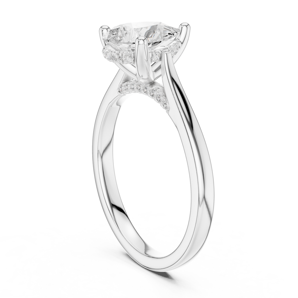 Pear Cut Hidden Halo Diamond Engagement Ring with Pavé Bridge