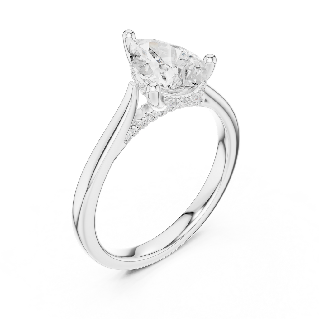 Pear Cut Hidden Halo Diamond Engagement Ring with Pavé Bridge