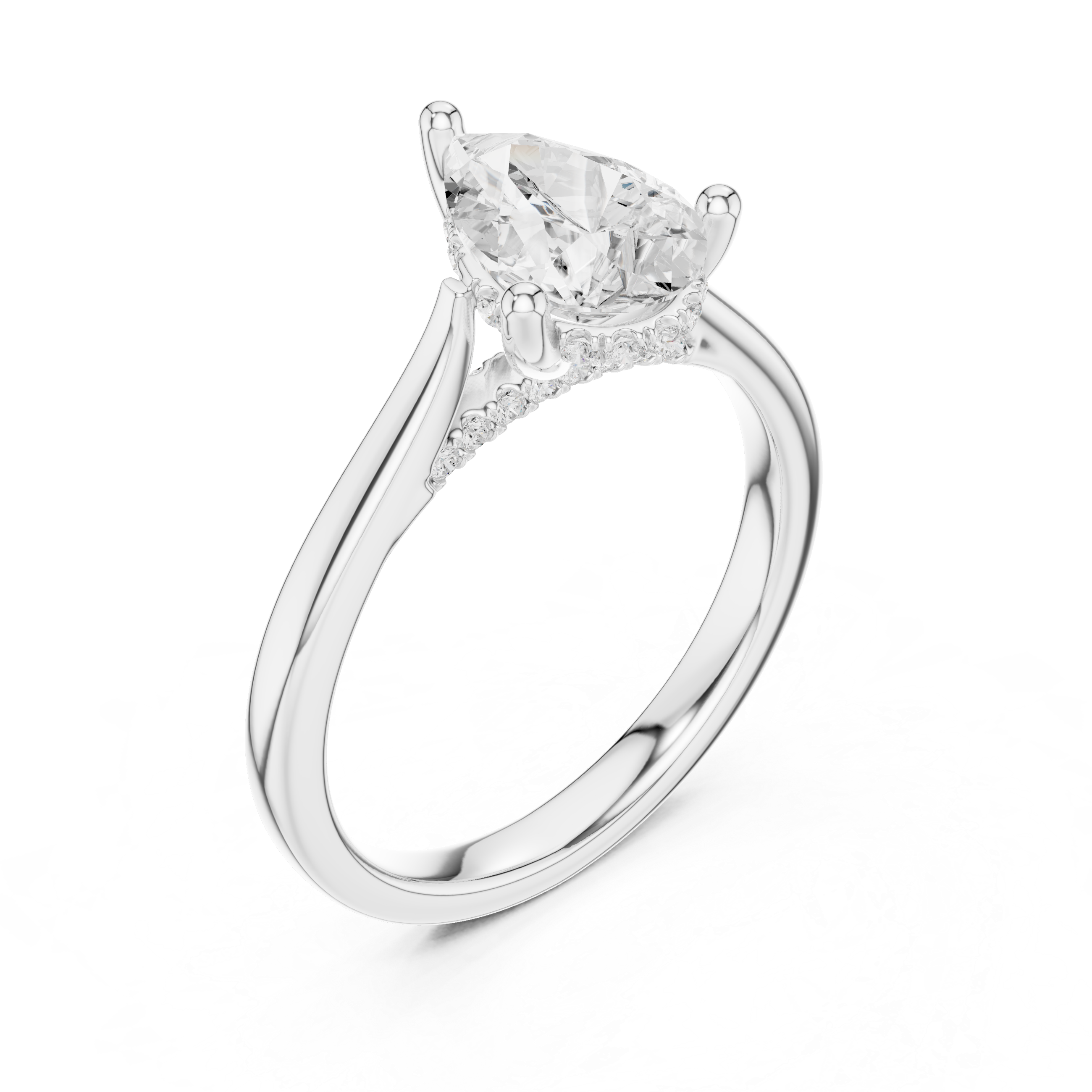 Pear Cut Hidden Halo Diamond Engagement Ring with Pavé Bridge
