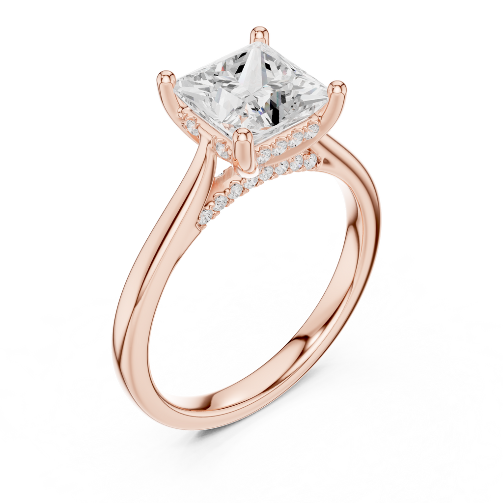 Princess Cut Hidden Halo Diamond Engagement Ring with Pavé Bridge