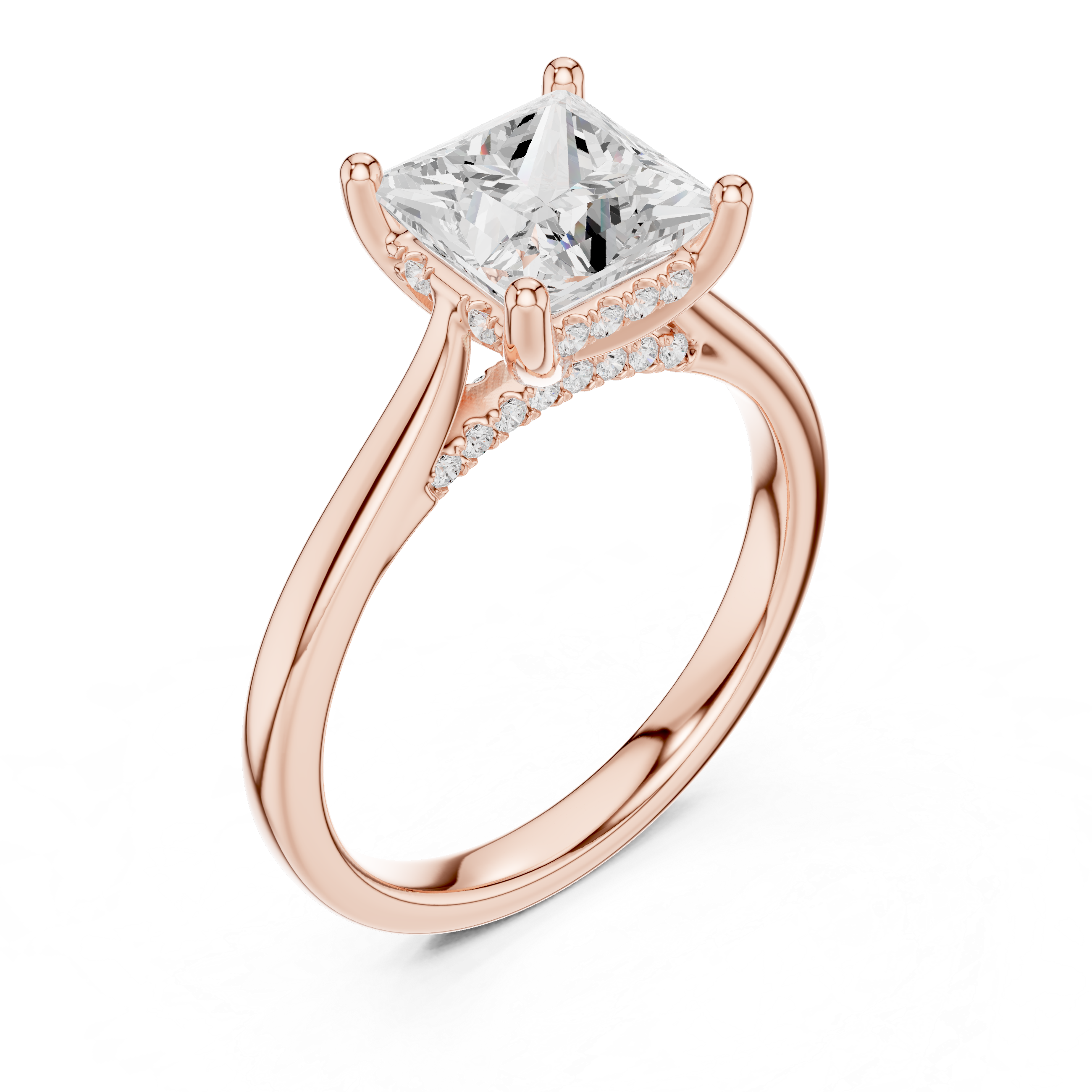 Princess Cut Hidden Halo Diamond Engagement Ring with Pavé Bridge