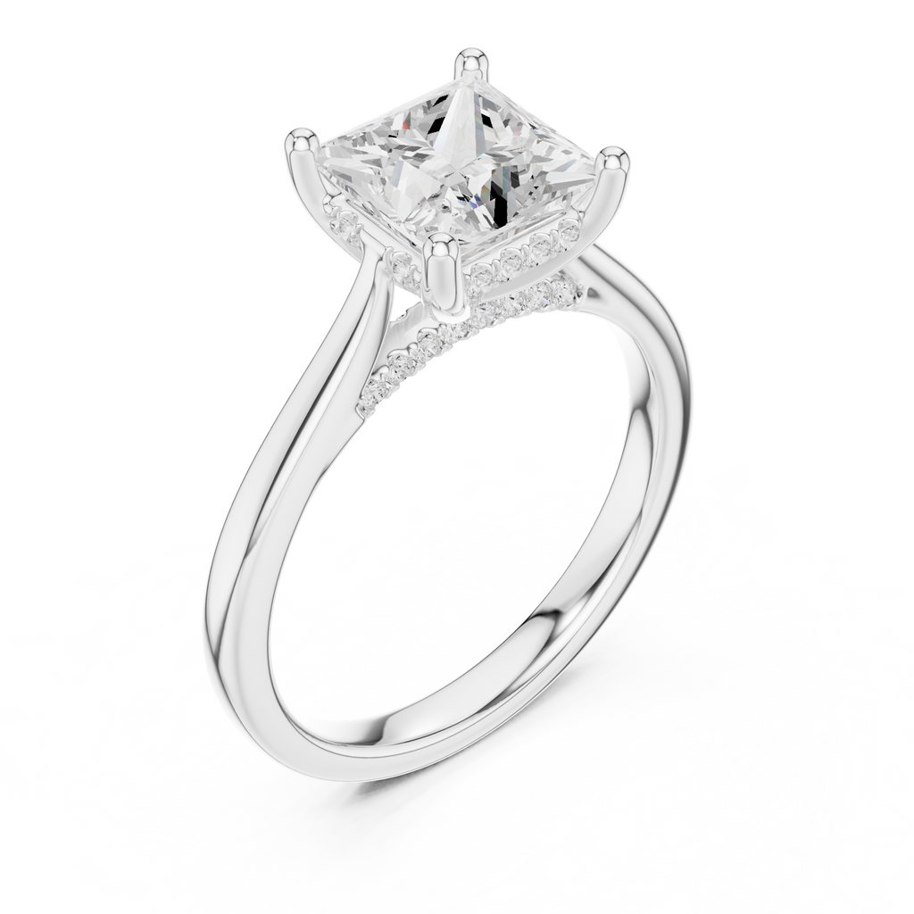 Princess Cut Hidden Halo Diamond Engagement Ring with Pavé Bridge