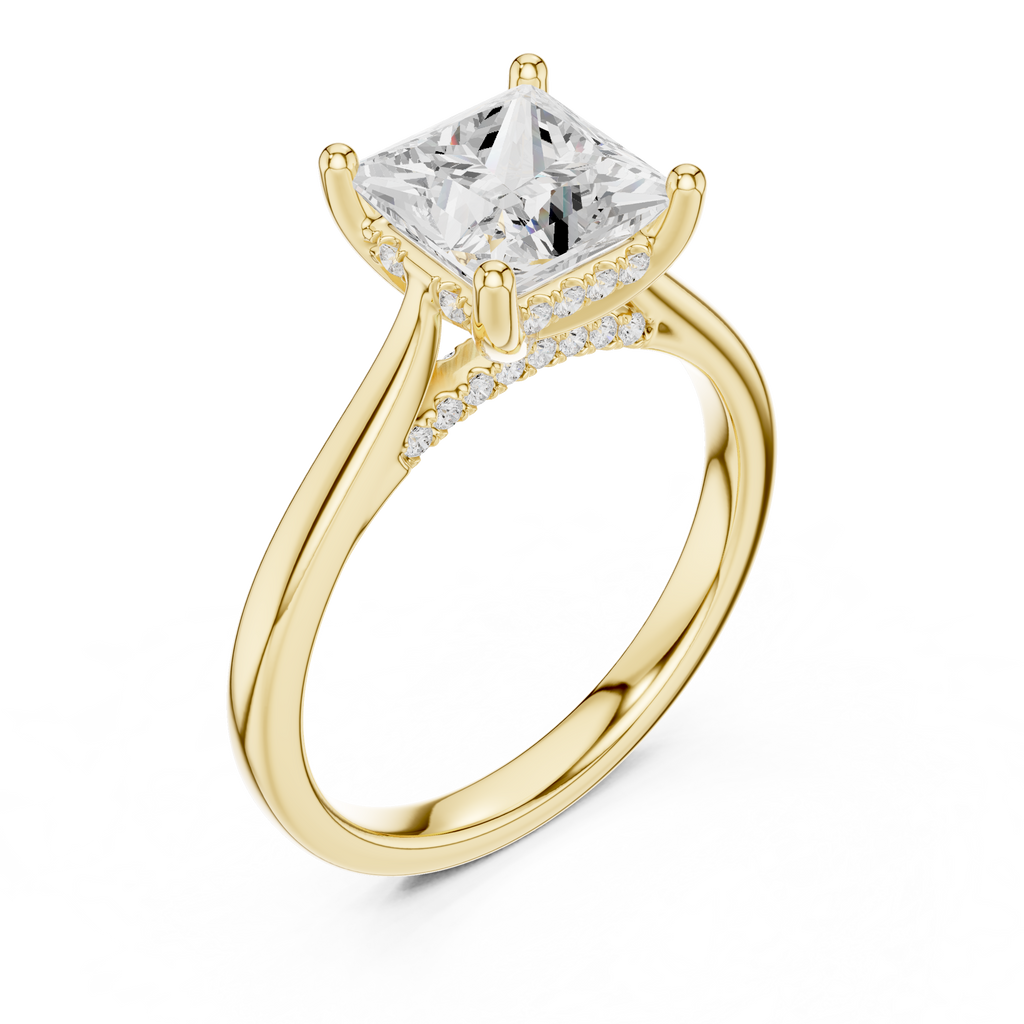 Princess Cut Hidden Halo Diamond Engagement Ring with Pavé Bridge