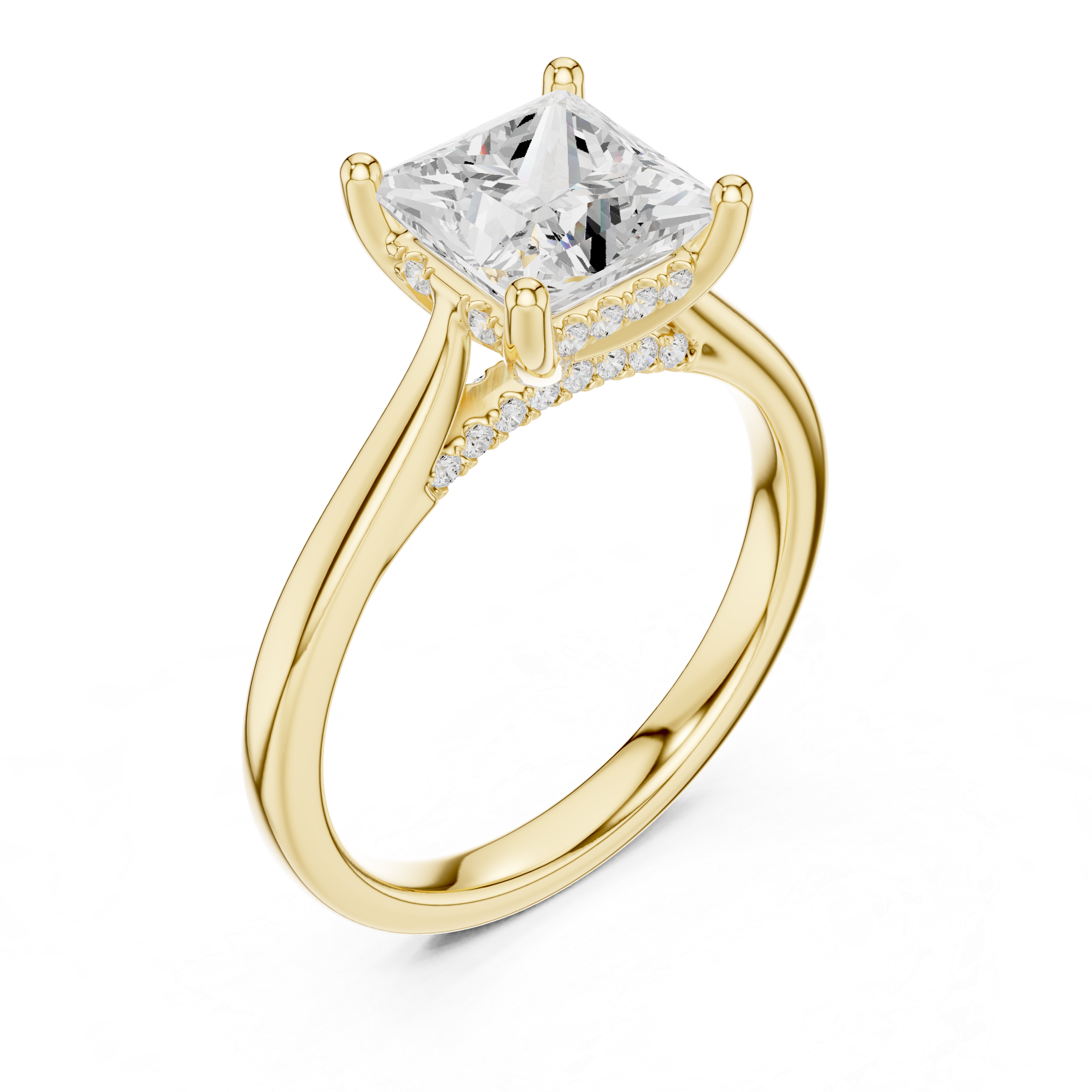 Princess Cut Hidden Halo Diamond Engagement Ring with Pavé Bridge