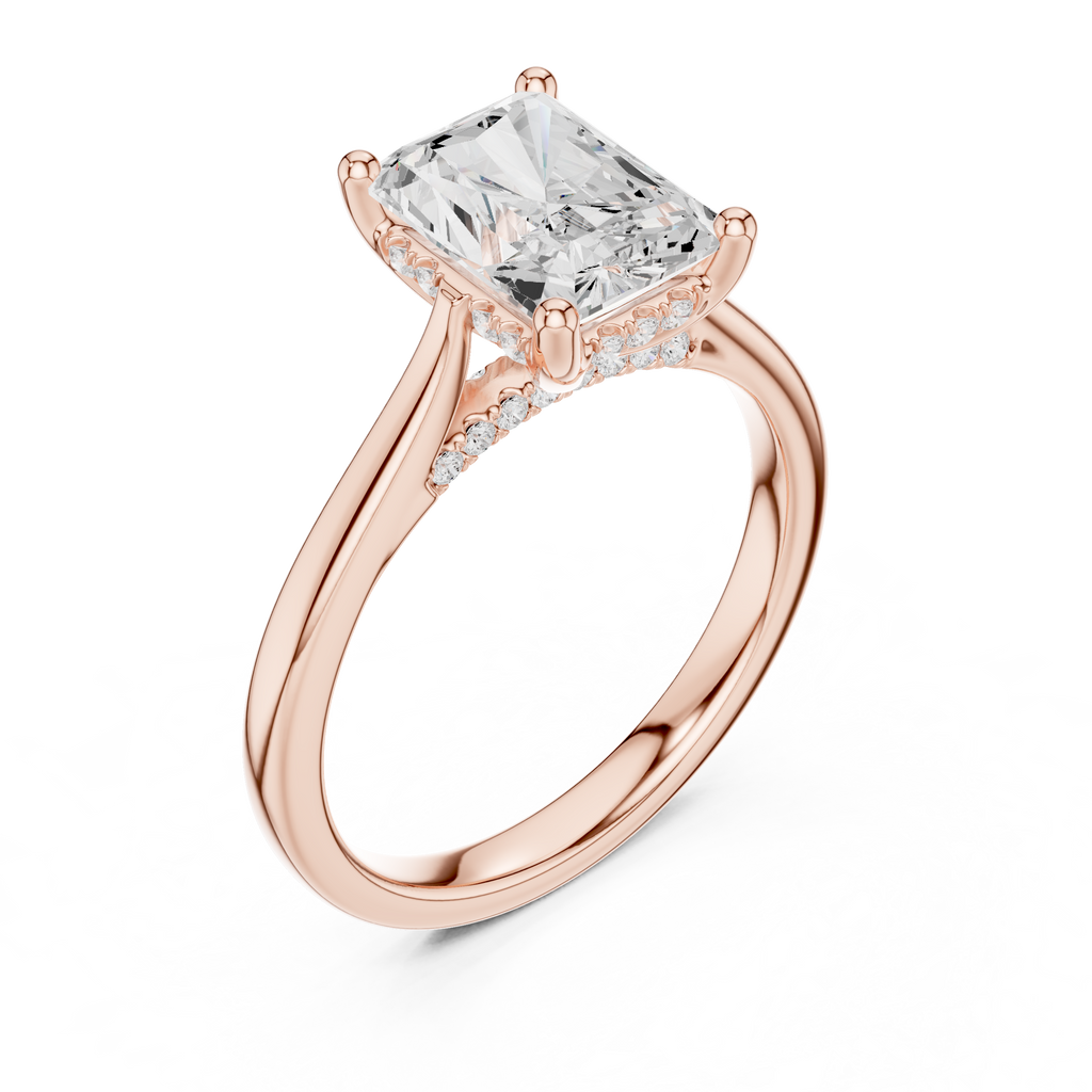 Radiant Cut Hidden Halo Diamond Engagement Ring with Pavé Bridge