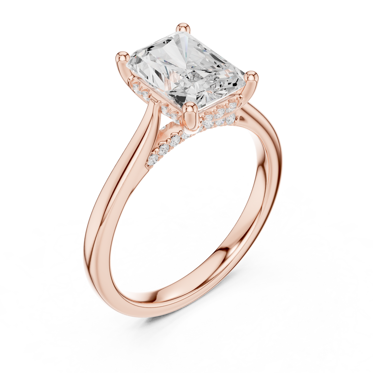 Radiant Cut Hidden Halo Diamond Engagement Ring with Pavé Bridge – view 7 of 12, lab grown diamond ring | Jewelix Atelier