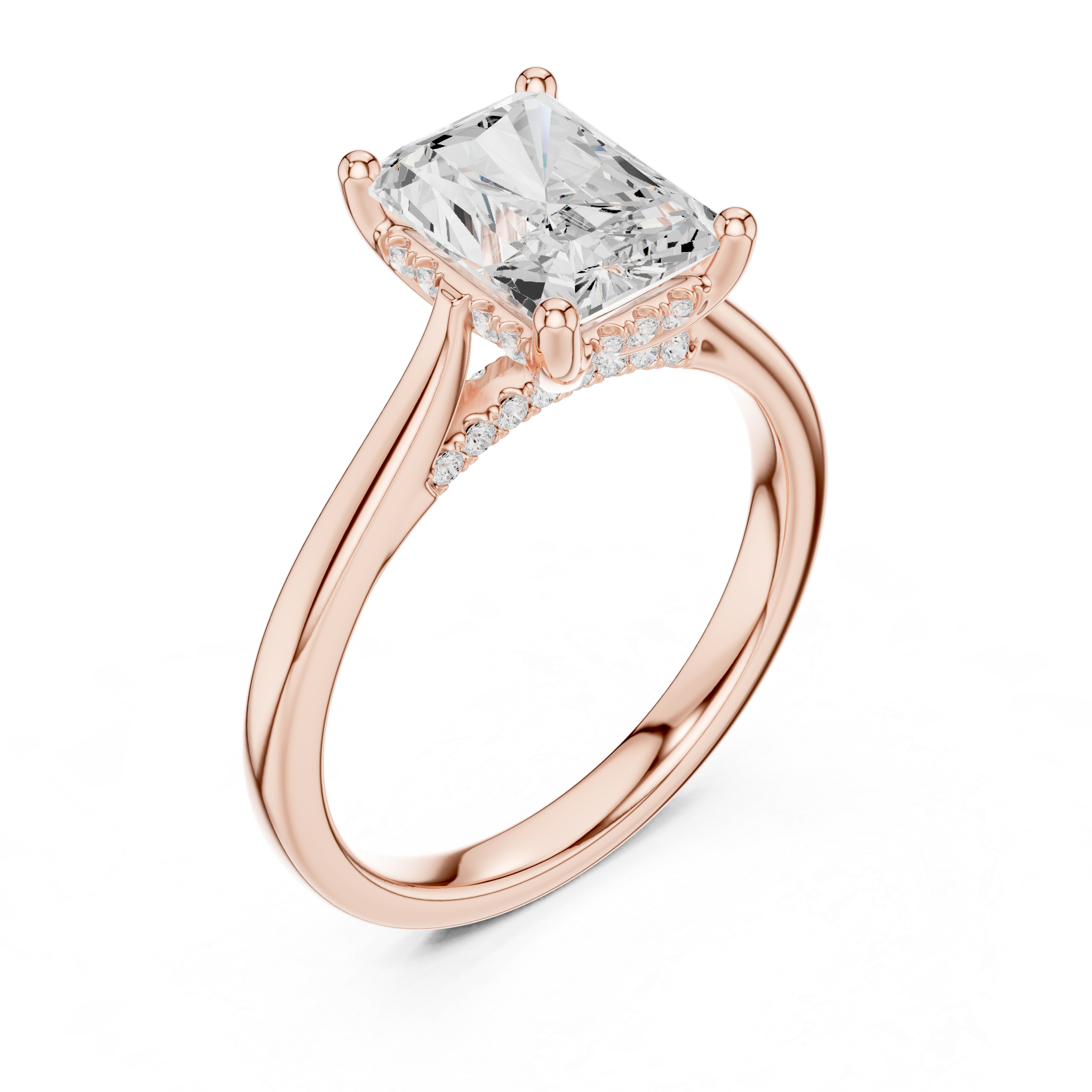 Radiant Cut Hidden Halo Diamond Engagement Ring with Pavé Bridge