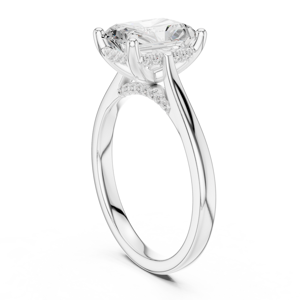 Radiant Cut Hidden Halo Diamond Engagement Ring with Pavé Bridge