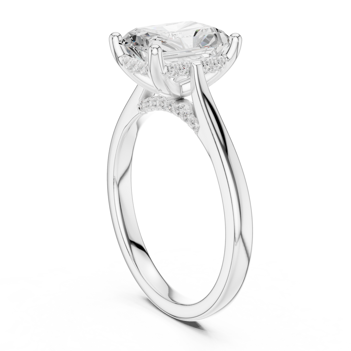Radiant Cut Hidden Halo Diamond Engagement Ring with Pavé Bridge – view 2 of 12, lab grown diamond ring | Jewelix Atelier