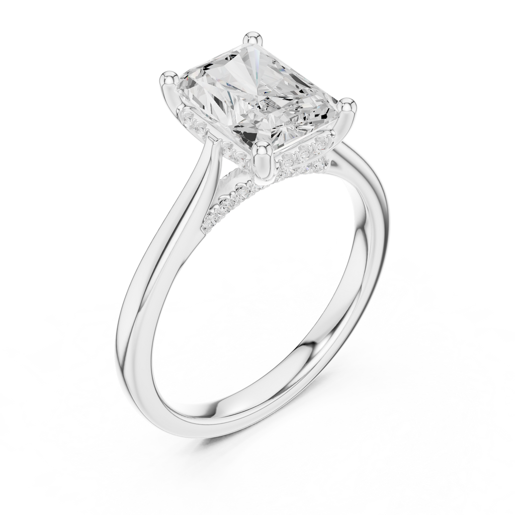 Radiant Cut Hidden Halo Diamond Engagement Ring with Pavé Bridge