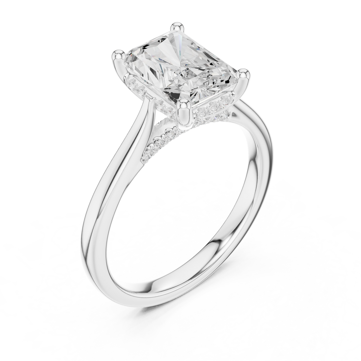Radiant Cut Hidden Halo Diamond Engagement Ring with Pavé Bridge – view 3 of 12, lab grown diamond ring | Jewelix Atelier