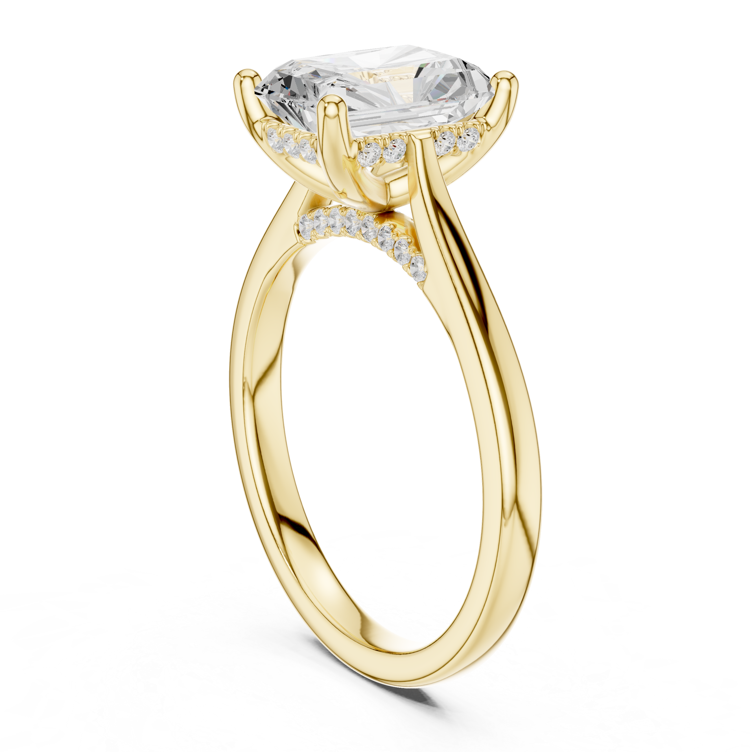 Radiant Cut Hidden Halo Diamond Engagement Ring with Pavé Bridge