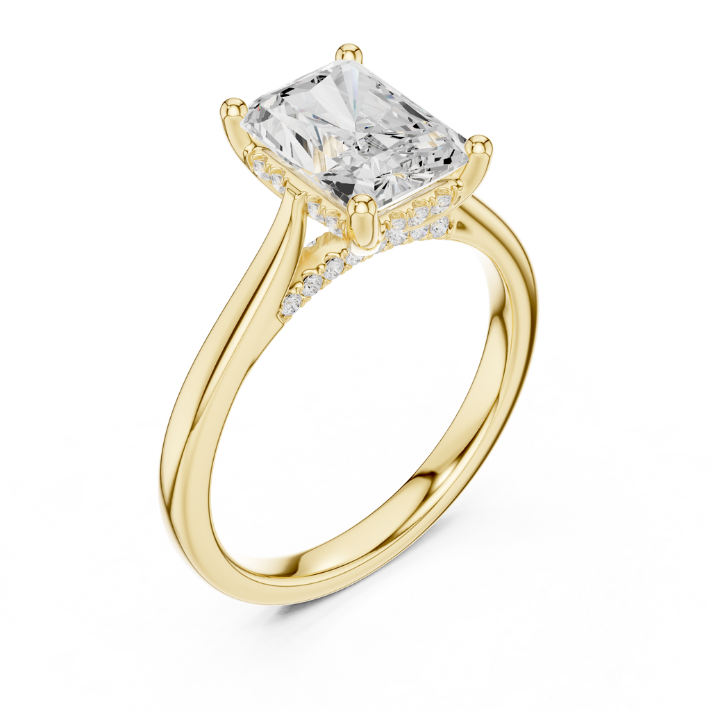 Radiant Cut Hidden Halo Diamond Engagement Ring with Pavé Bridge