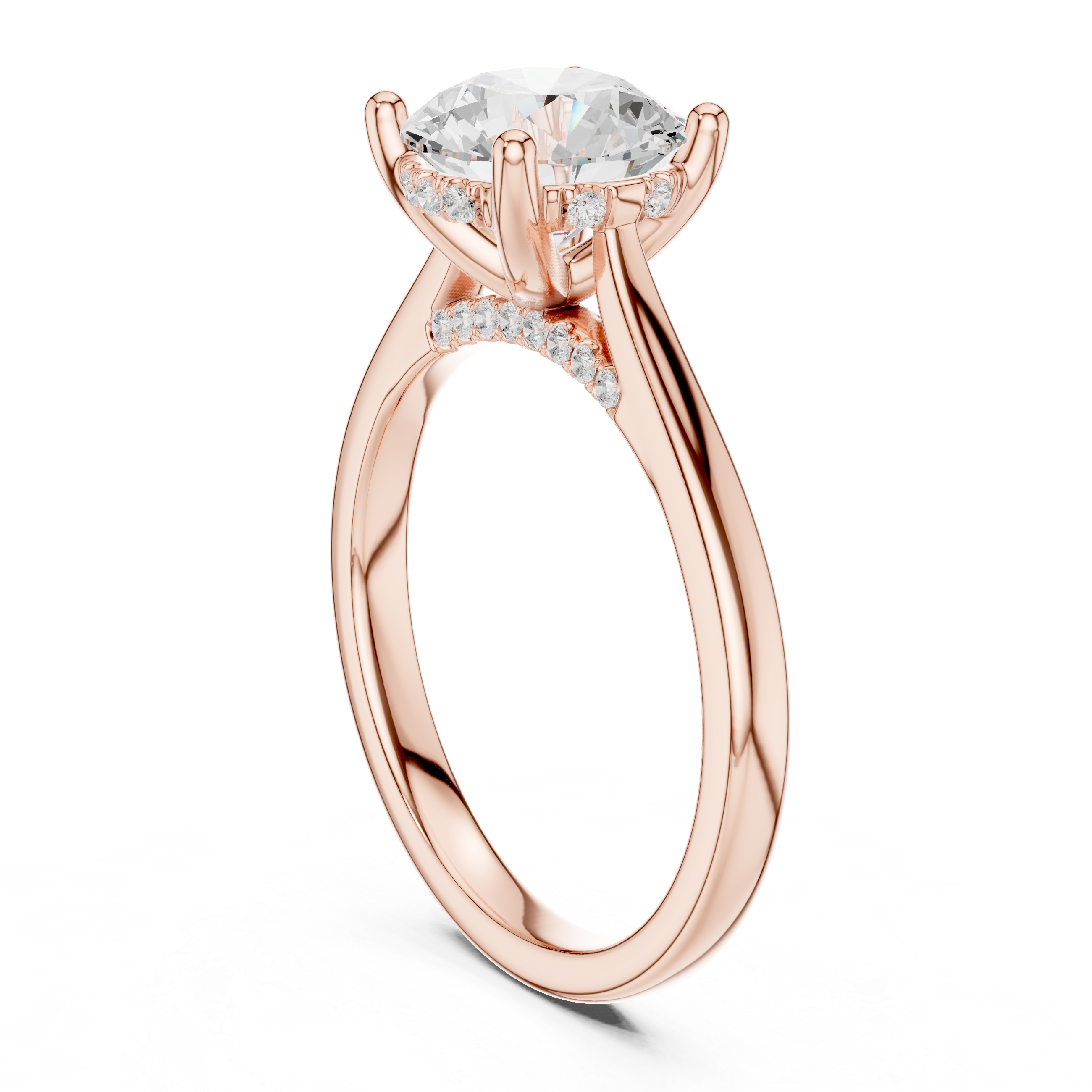 Round Cut Hidden Halo Diamond Engagement Ring with Pavé Bridge