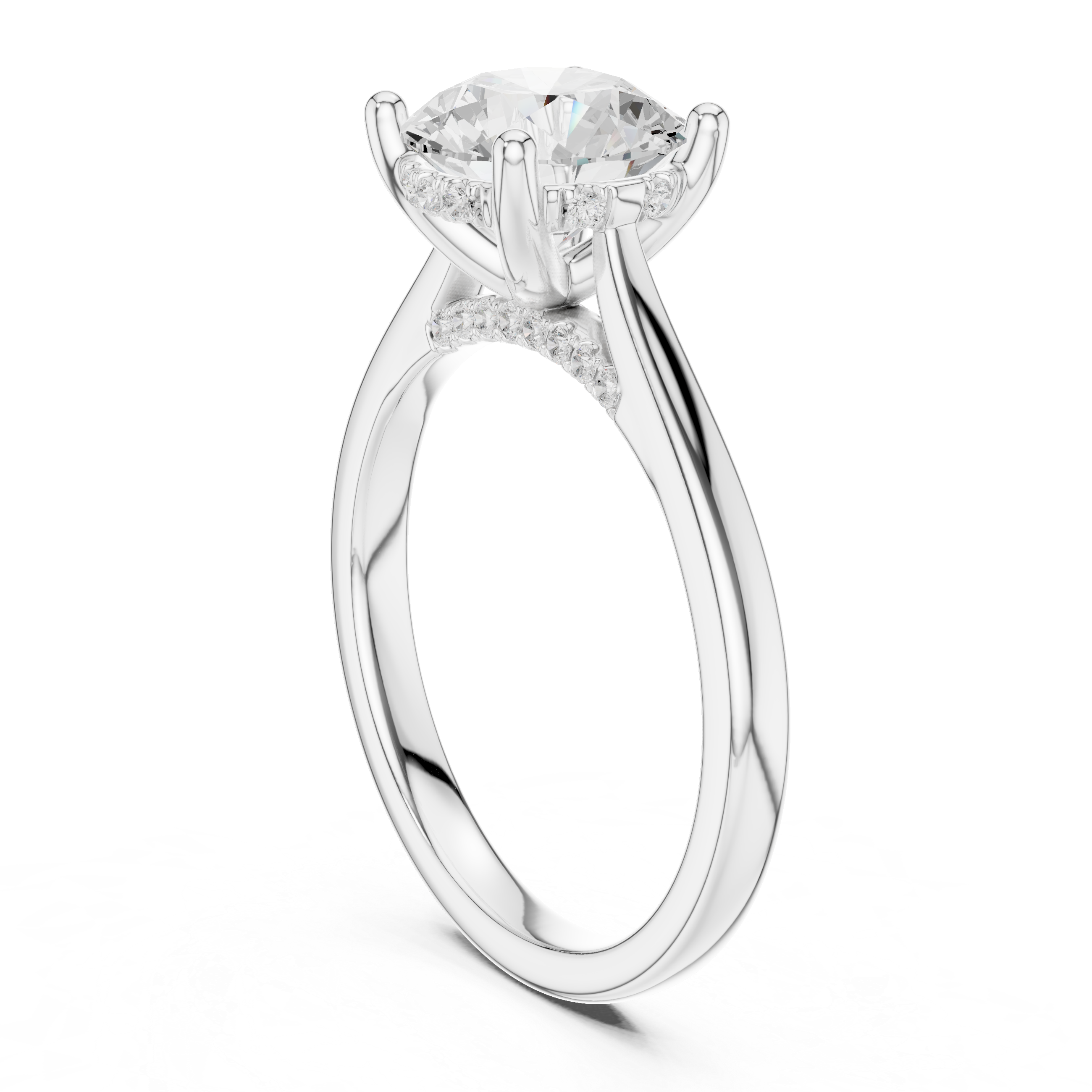 Round Cut Hidden Halo Diamond Engagement Ring with Pavé Bridge
