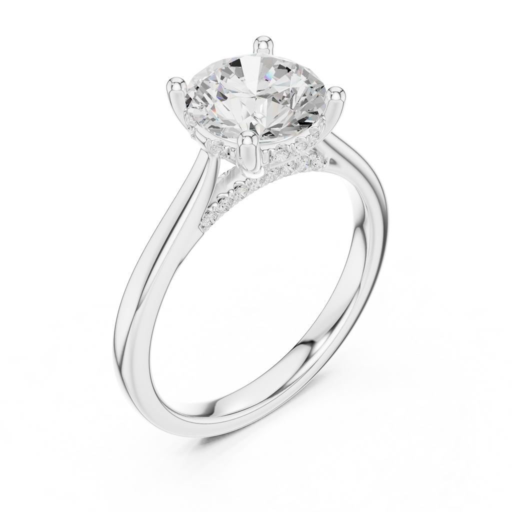 Round Cut Hidden Halo Diamond Engagement Ring with Pavé Bridge