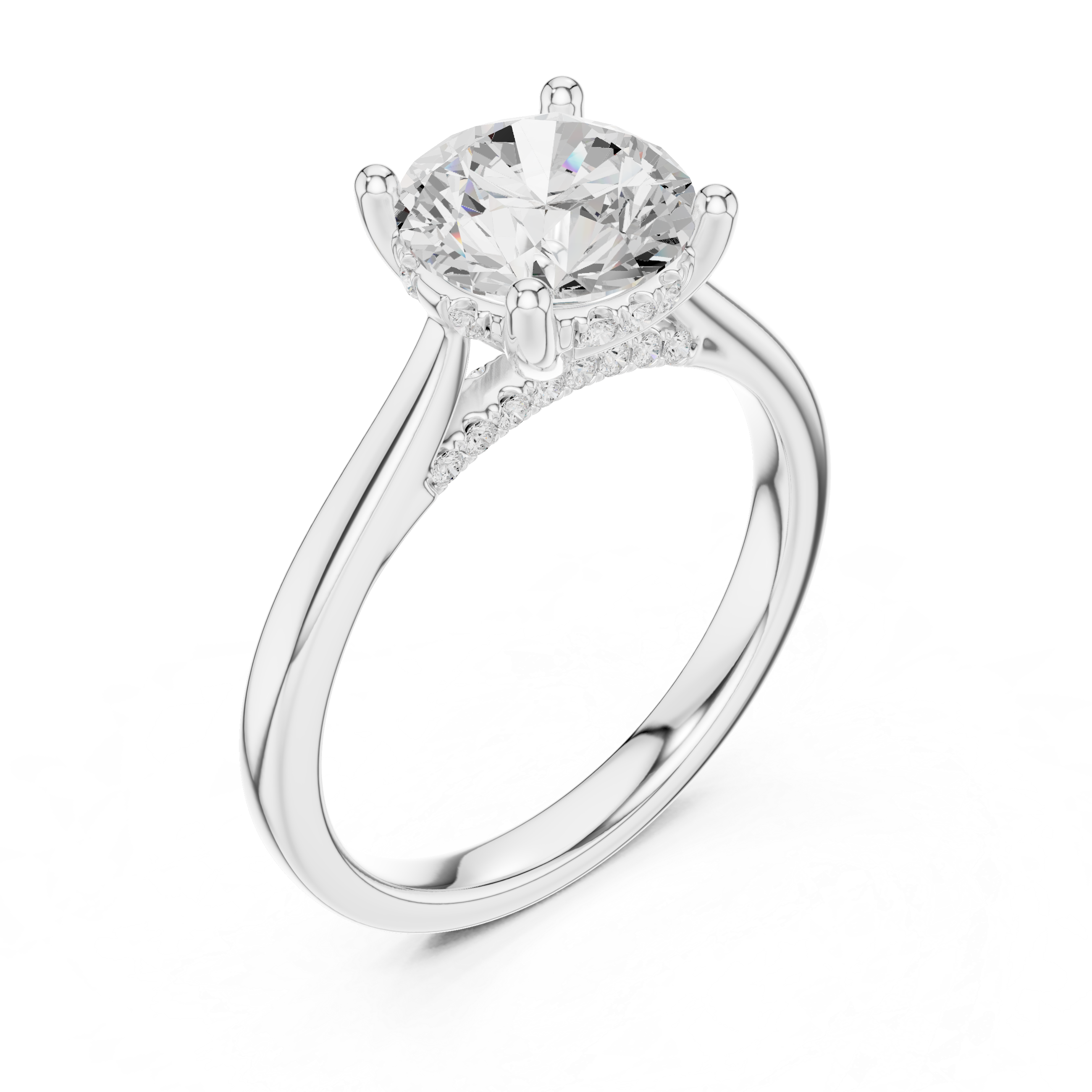 Round Cut Hidden Halo Diamond Engagement Ring with Pavé Bridge
