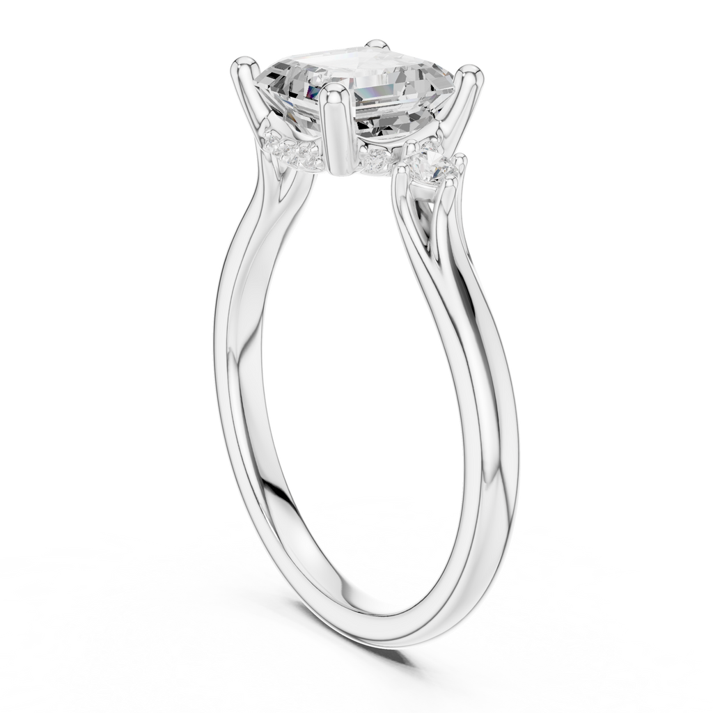 Asscher Cut Three Stone Diamond Engagement Ring with Hidden Halo