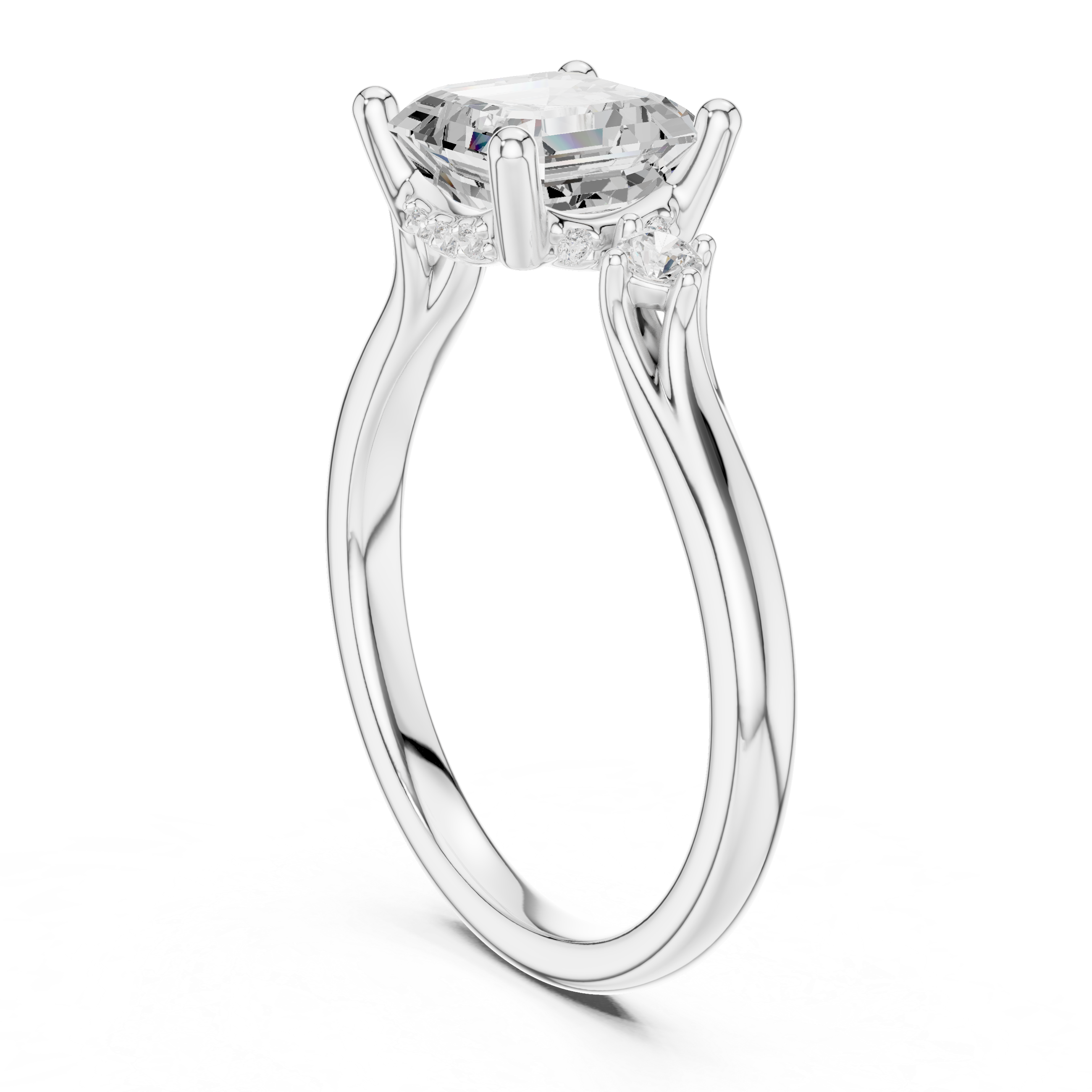 Asscher Cut Three Stone Diamond Engagement Ring with Hidden Halo
