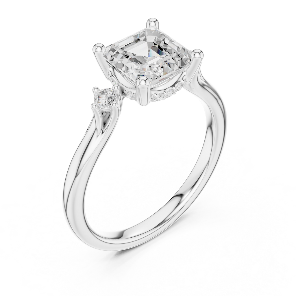 Asscher Cut Three Stone Diamond Engagement Ring with Hidden Halo