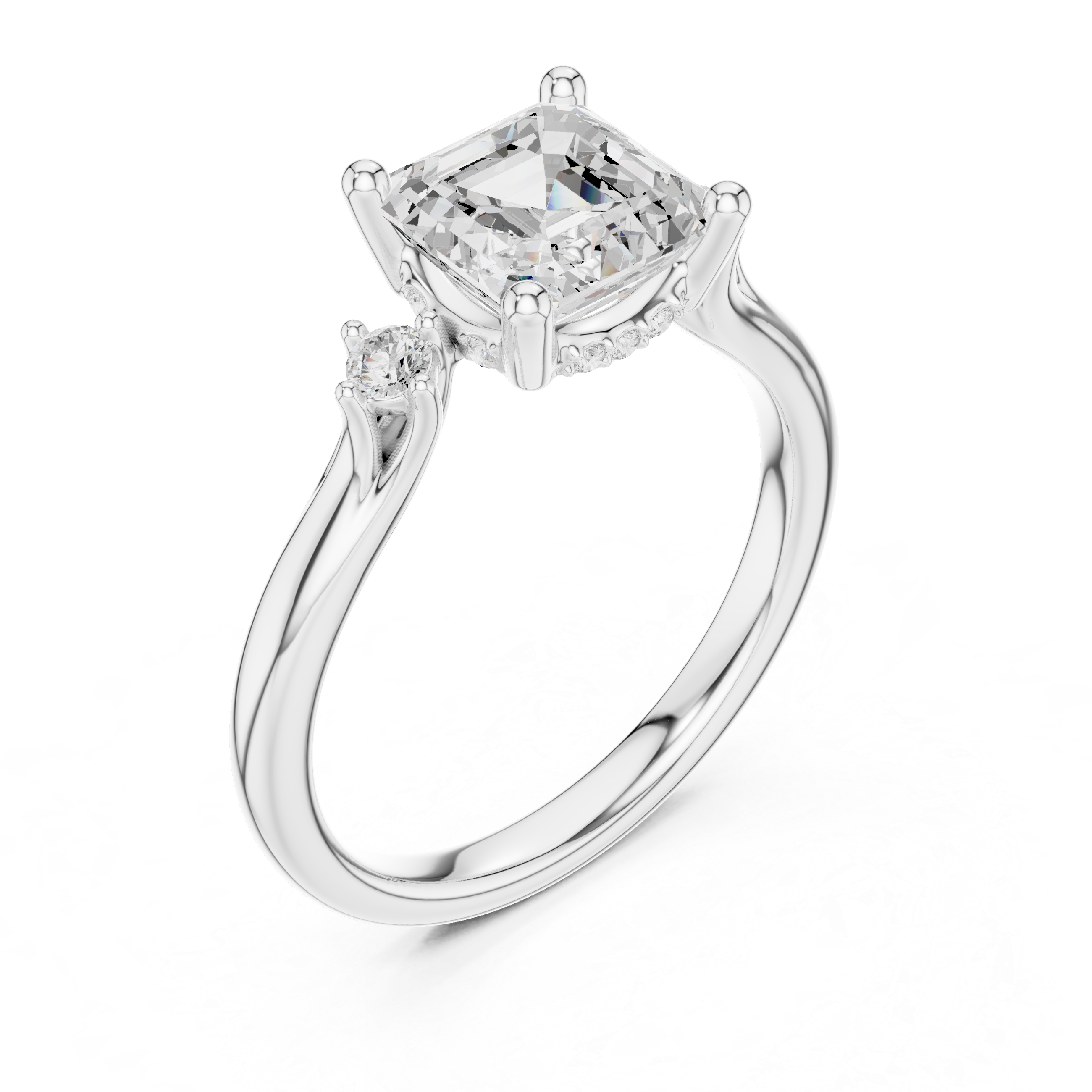 Asscher Cut Three Stone Diamond Engagement Ring with Hidden Halo
