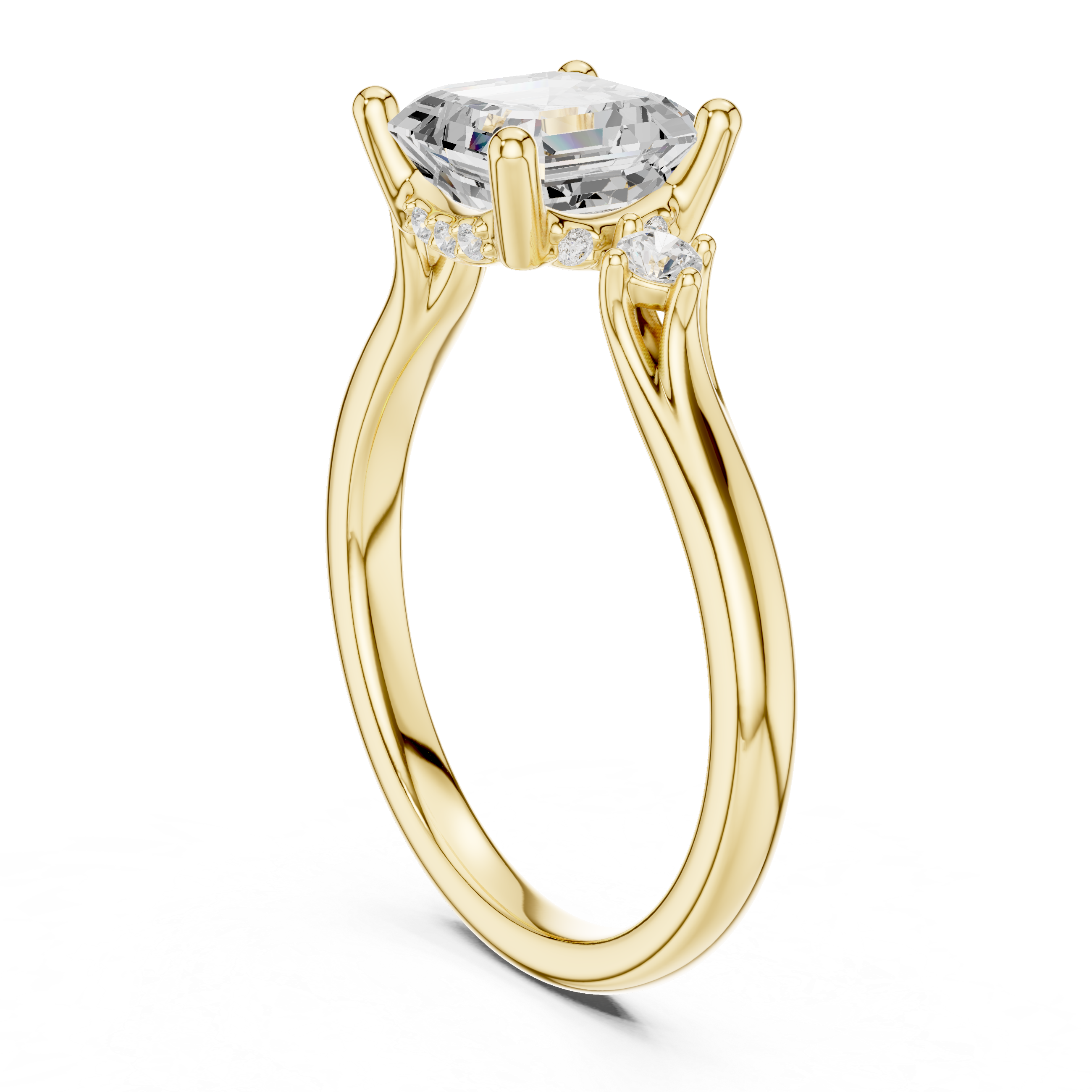 Asscher Cut Three Stone Diamond Engagement Ring with Hidden Halo