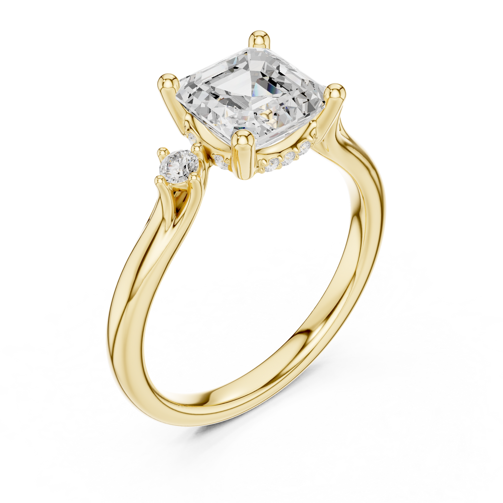 Asscher Cut Three Stone Diamond Engagement Ring with Hidden Halo