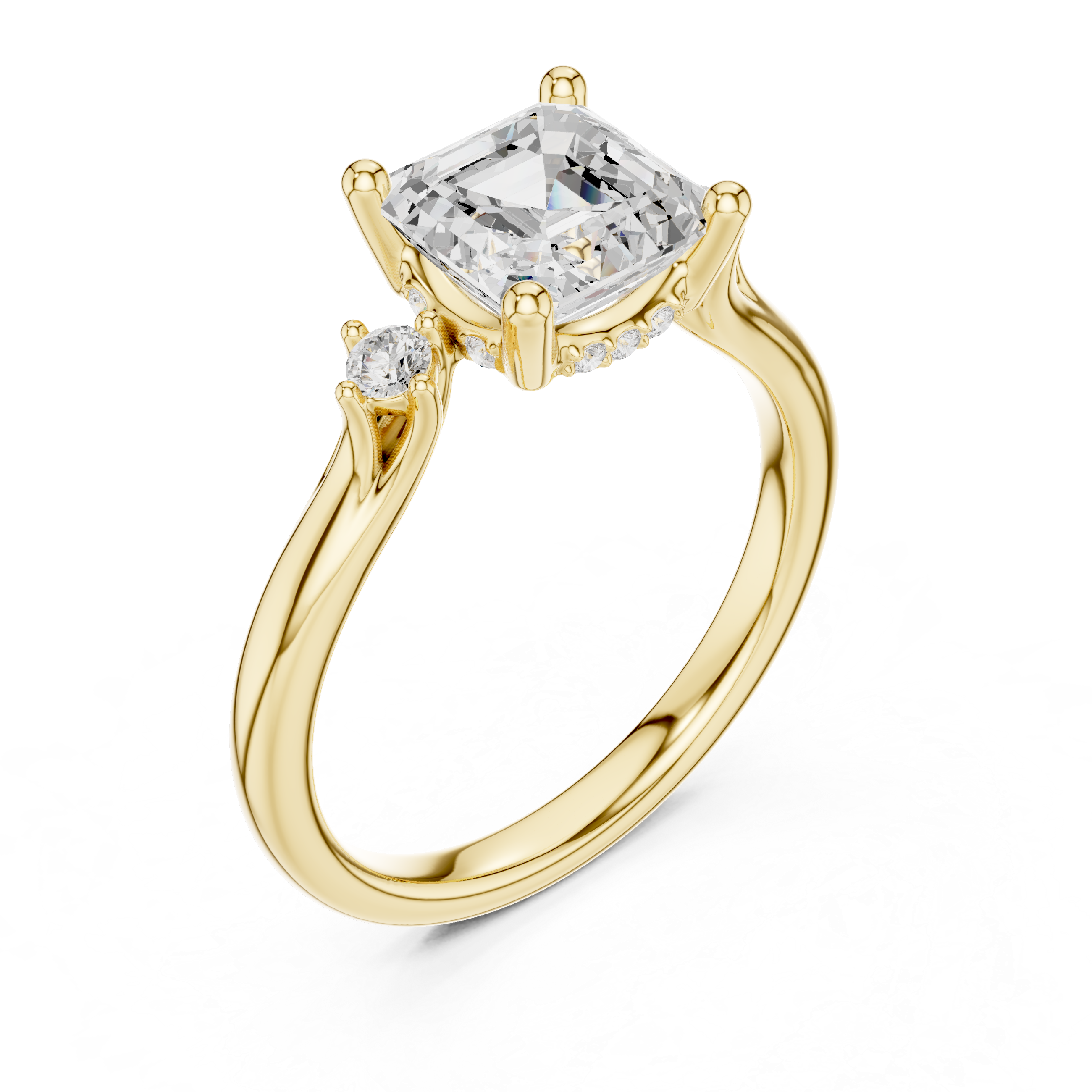 Asscher Cut Three Stone Diamond Engagement Ring with Hidden Halo