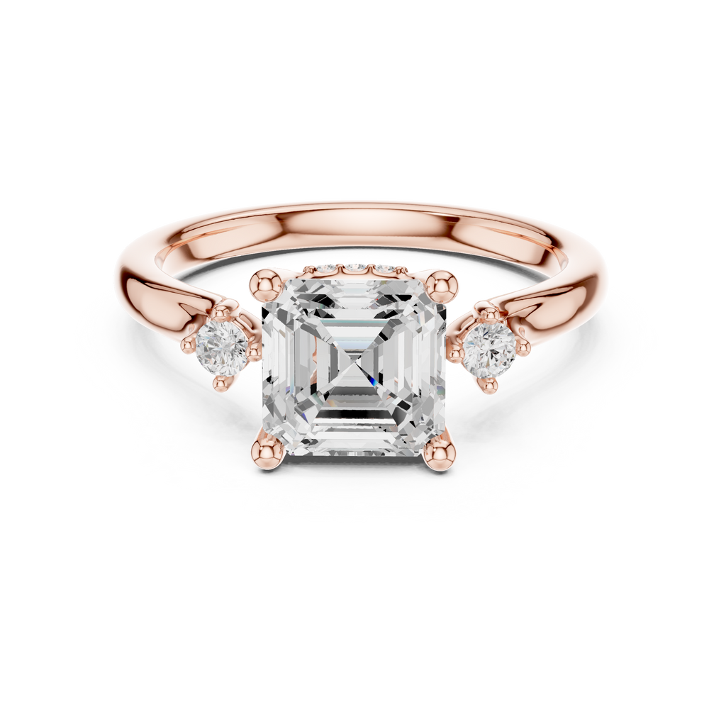 Asscher Cut Three Stone Diamond Engagement Ring with Hidden Halo