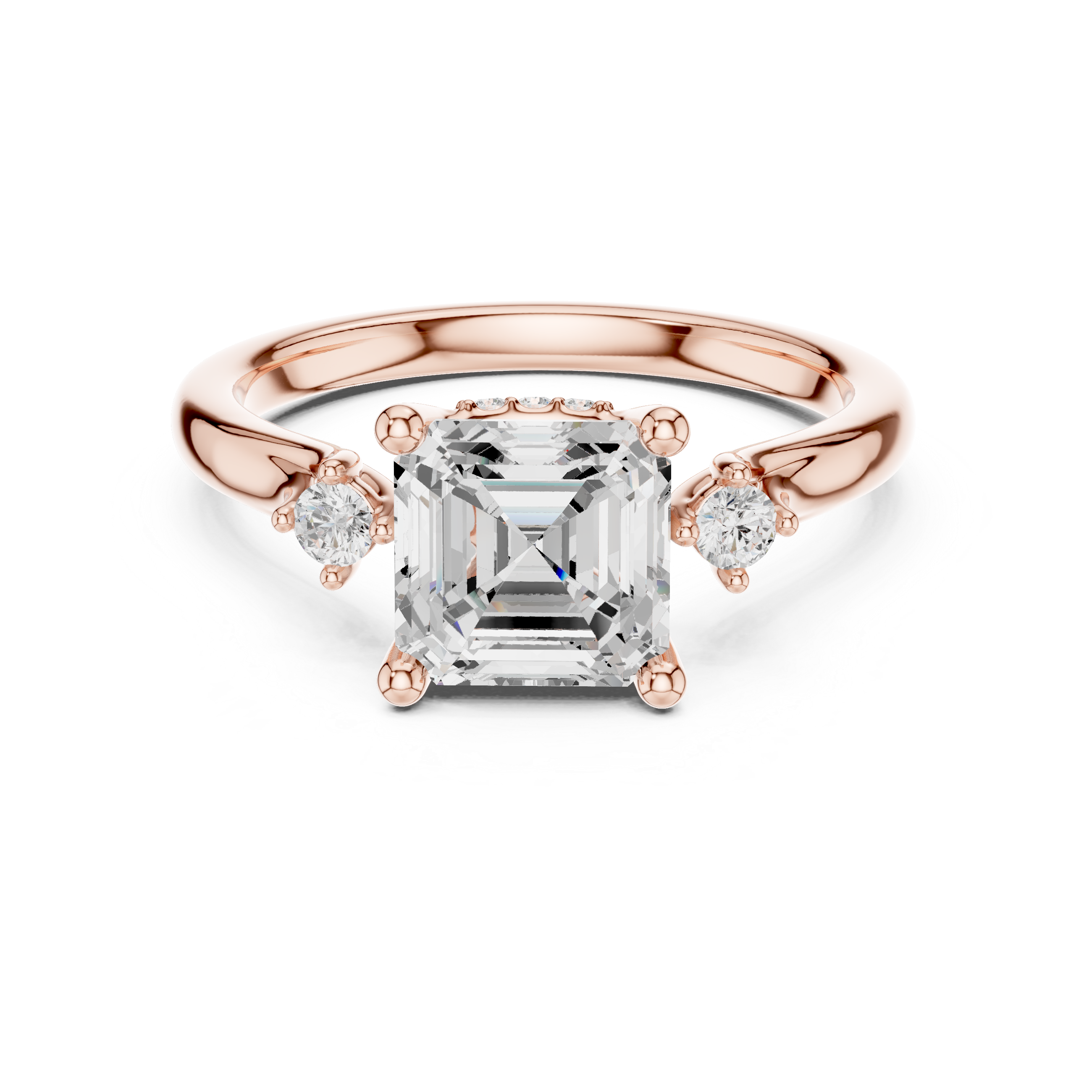 Asscher Cut Three Stone Diamond Engagement Ring with Hidden Halo