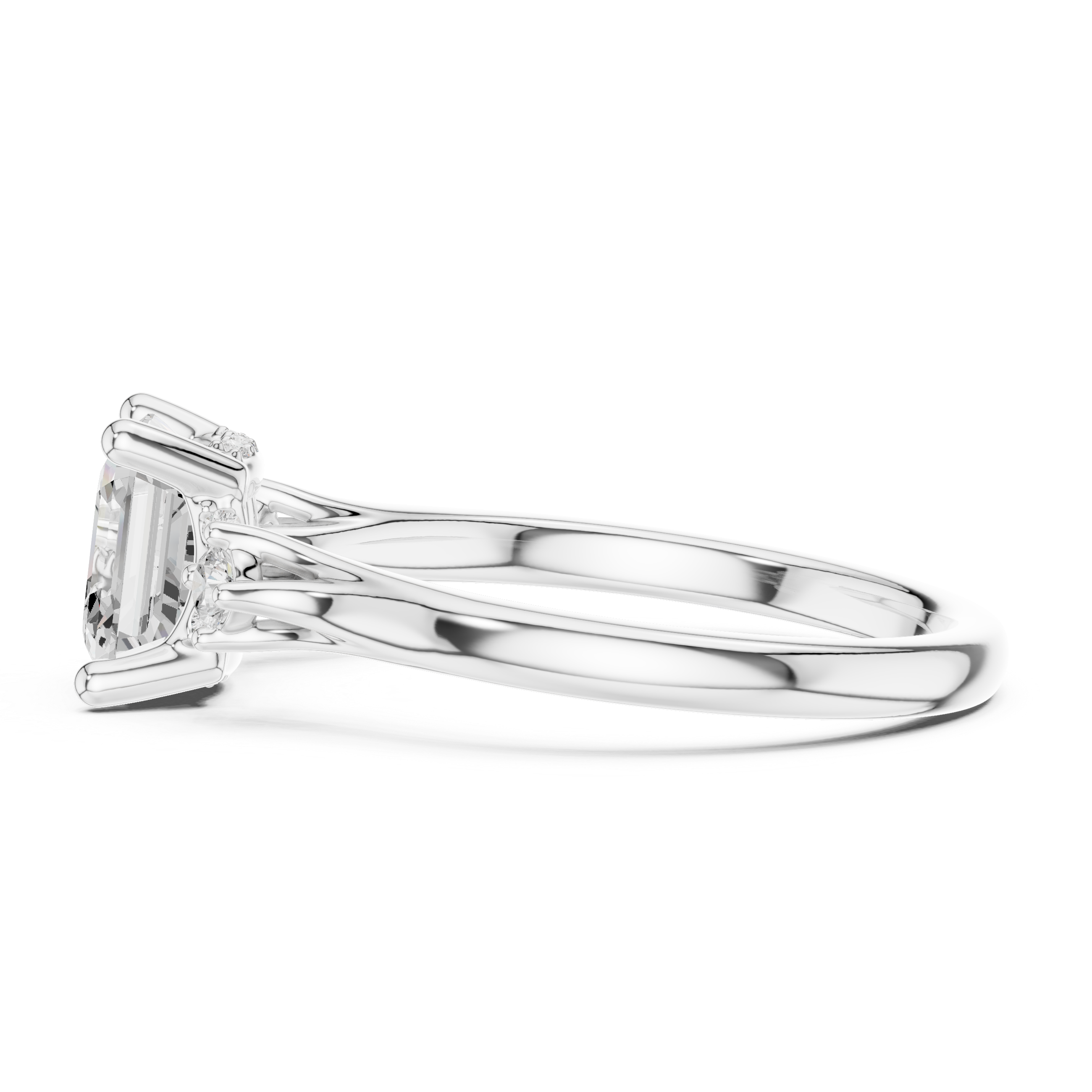 Asscher Cut Three Stone Diamond Engagement Ring with Hidden Halo