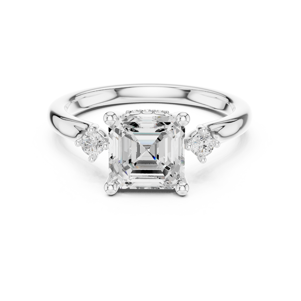 Asscher Cut Three Stone Diamond Engagement Ring with Hidden Halo