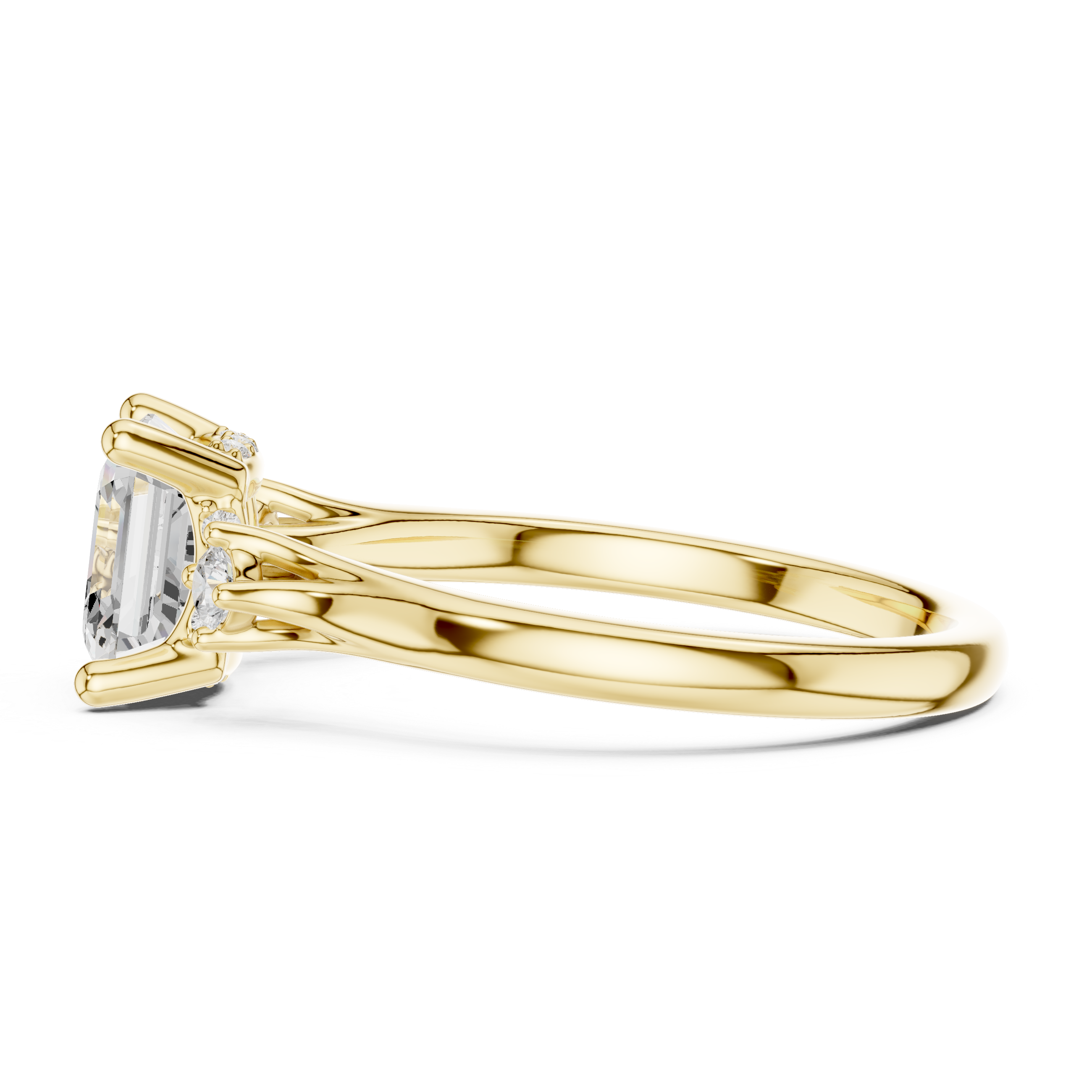 Asscher Cut Three Stone Diamond Engagement Ring with Hidden Halo