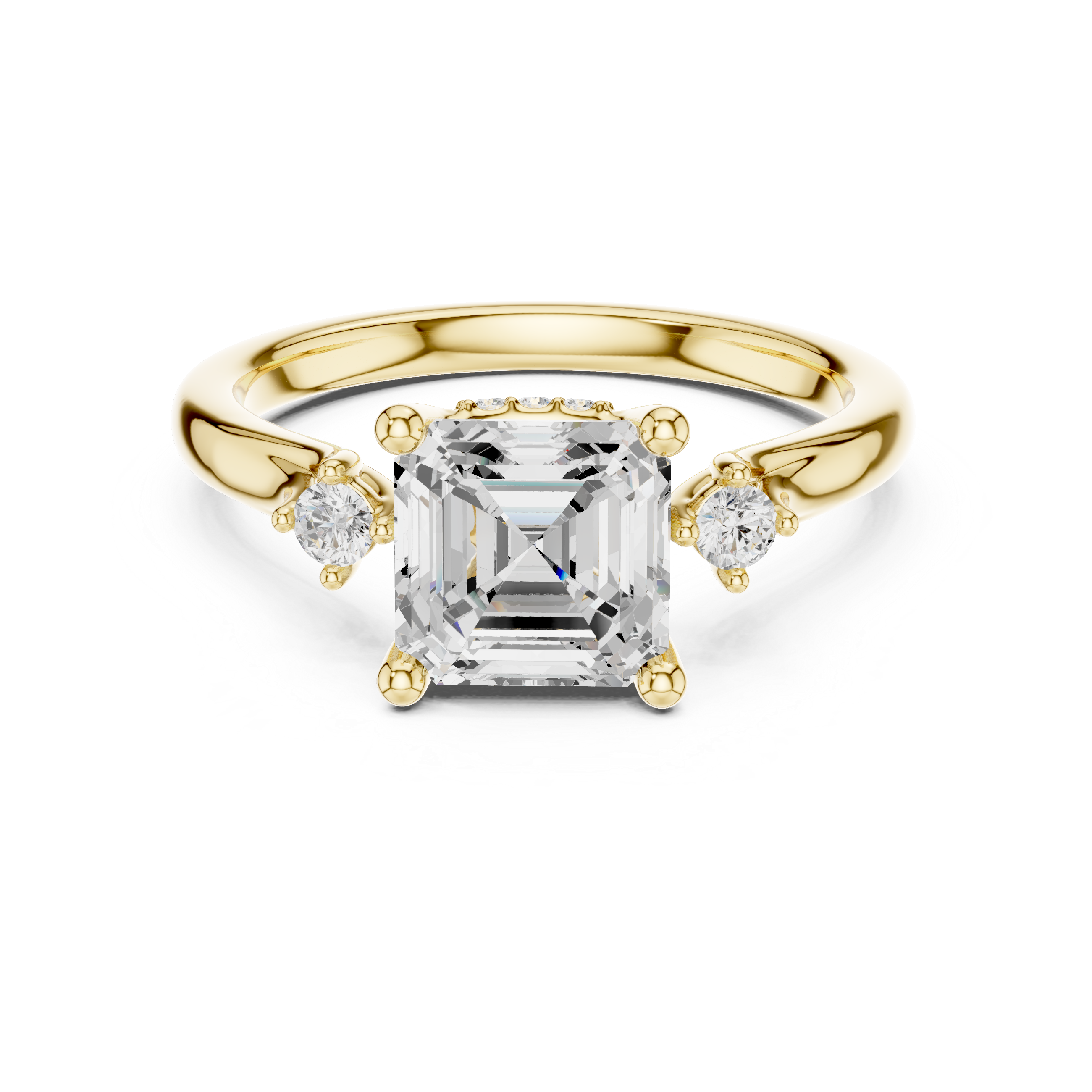 Asscher Cut Three Stone Diamond Engagement Ring with Hidden Halo