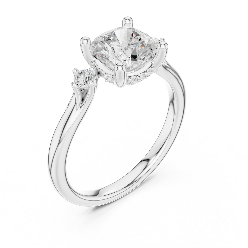 Cushion Cut Three Stone Hidden Halo Diamond Engagement Ring