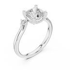 Cushion Cut Three Stone Hidden Halo Diamond Engagement Ring